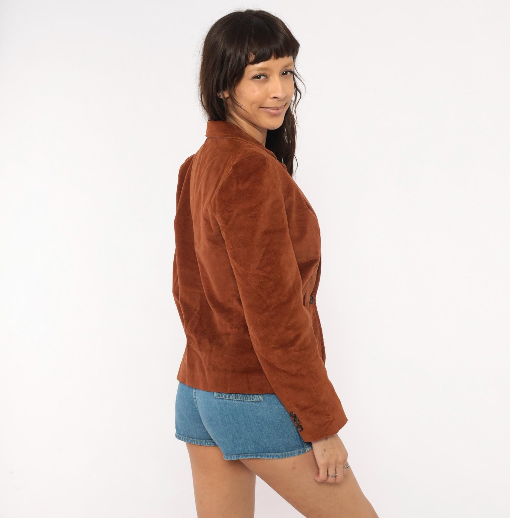 70s Brown Velvet Blazer Single Button Puff Shoulder Fitted Jacket Small