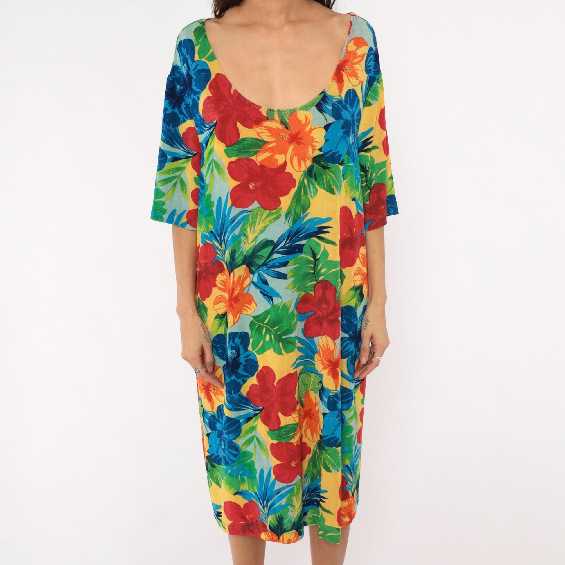 90s Slinky Brand Tropical Hibiscus Dress Scoop Neck Half Sleeve Plus Size XXL