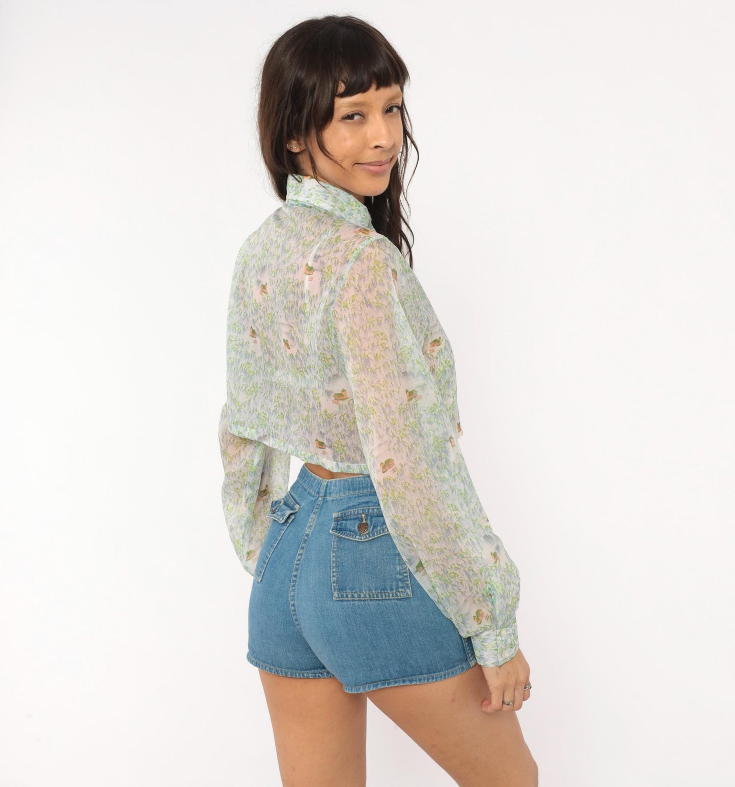 70s Tall Shop Cropped Sheer Blouse Pastoral Landscape Print Green Blue Small Medium