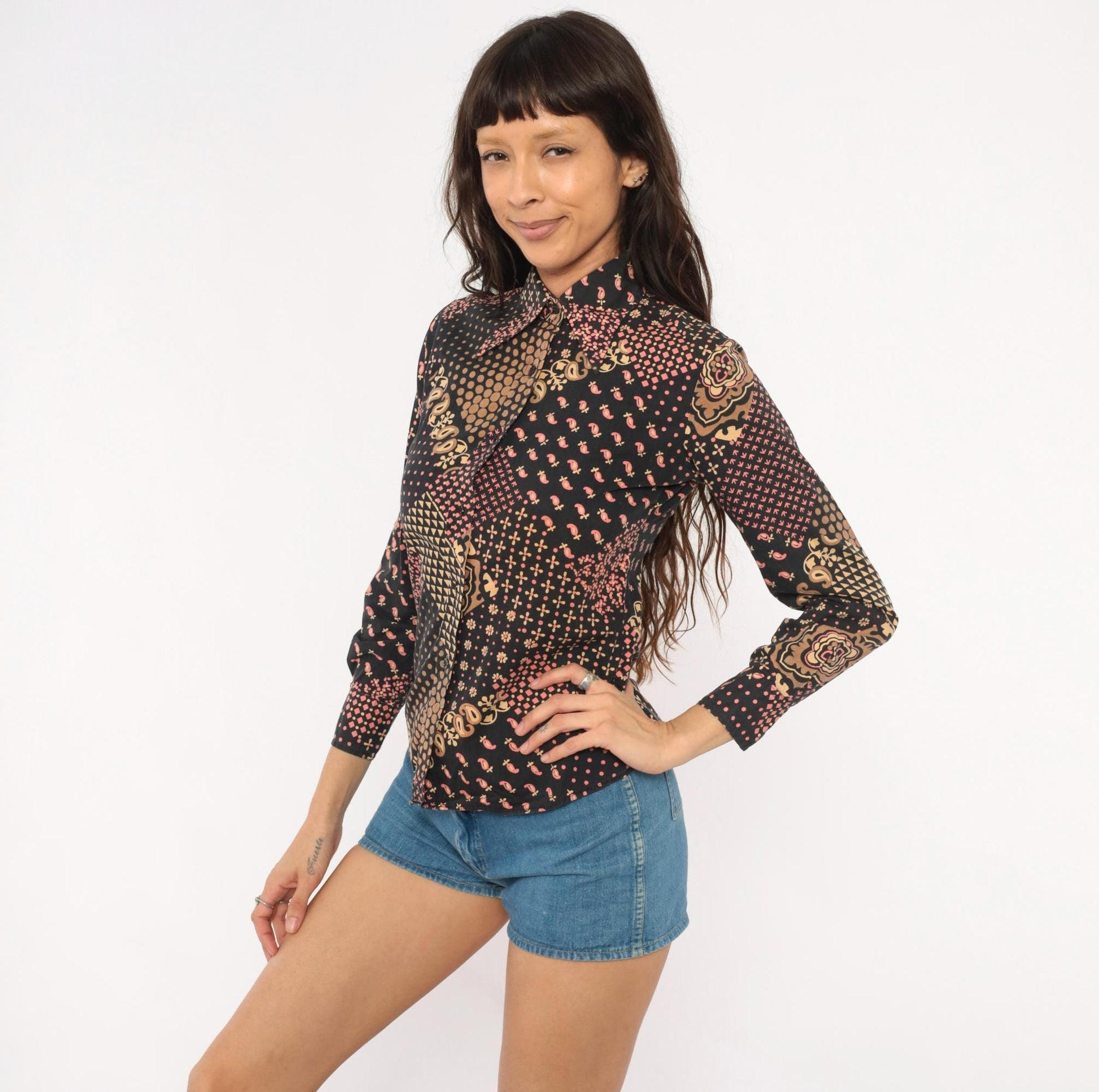70s Gina Fashion Patchwork Button Blouse Black Pink Tan Paisley Cotton Extra Small