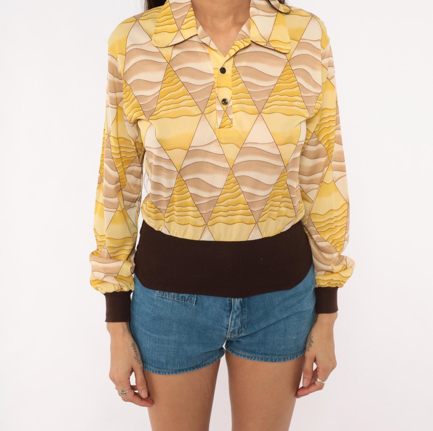 70s Diamond Harlequin Polo Blouse Yellow Beige Long Sleeve Small