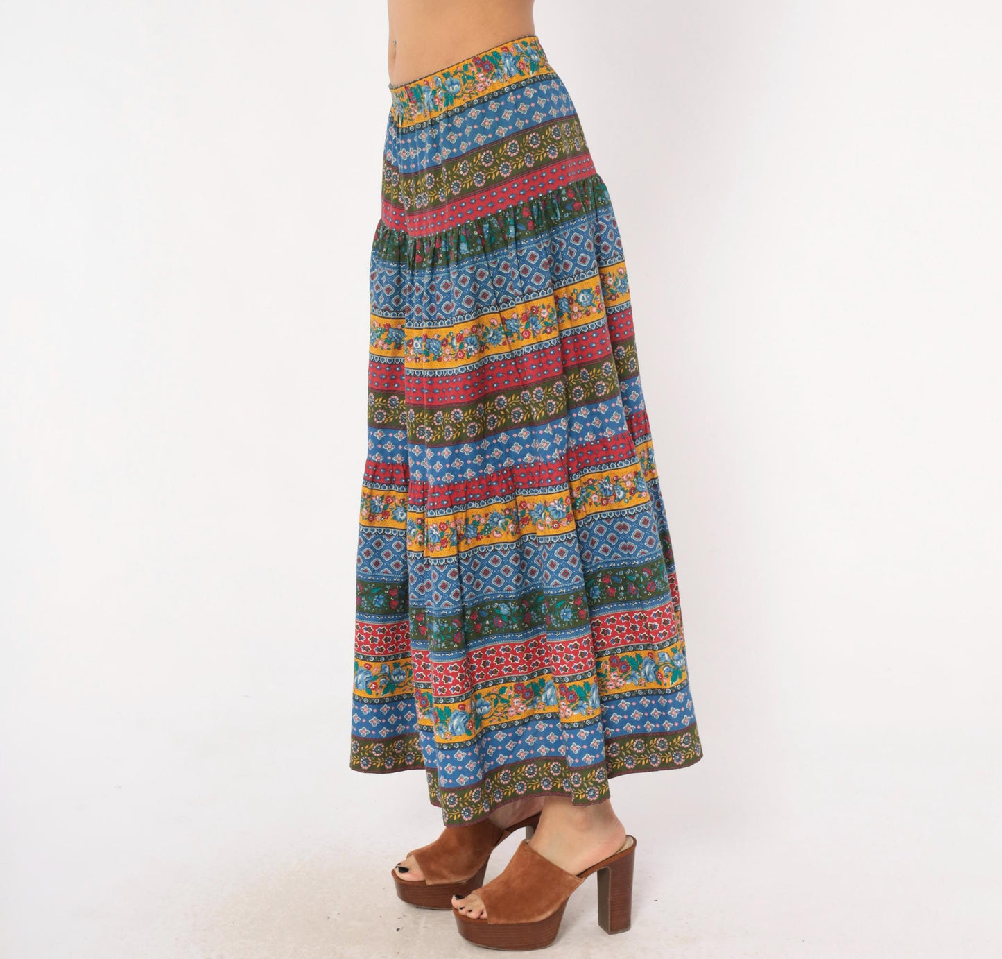 80s Anne Marie Patchwork Tiered Maxi Skirt Floral Striped Cotton Medium M