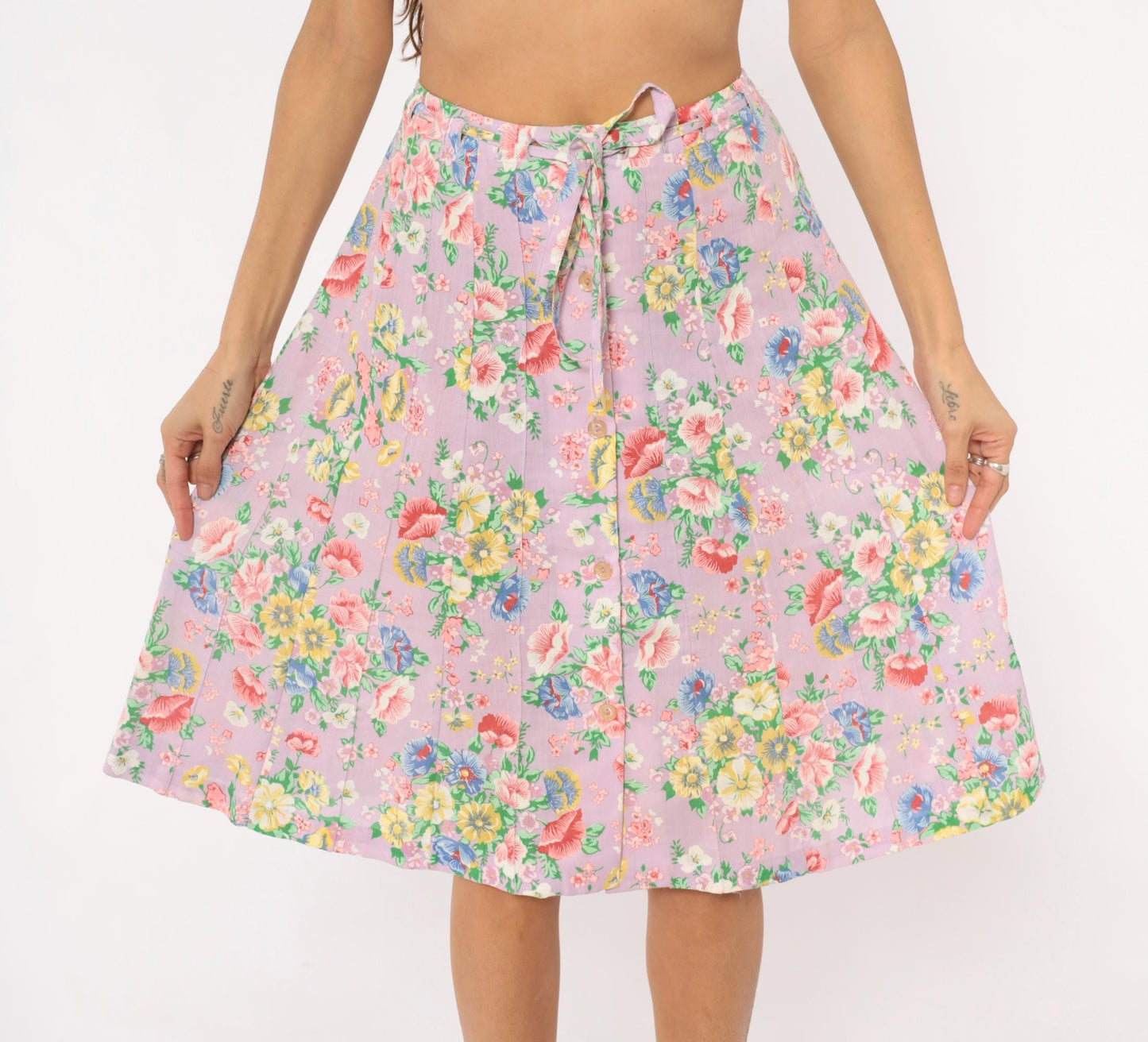80s Lilac Floral Pleated Skirt Button Front Knee Length Cotton Small