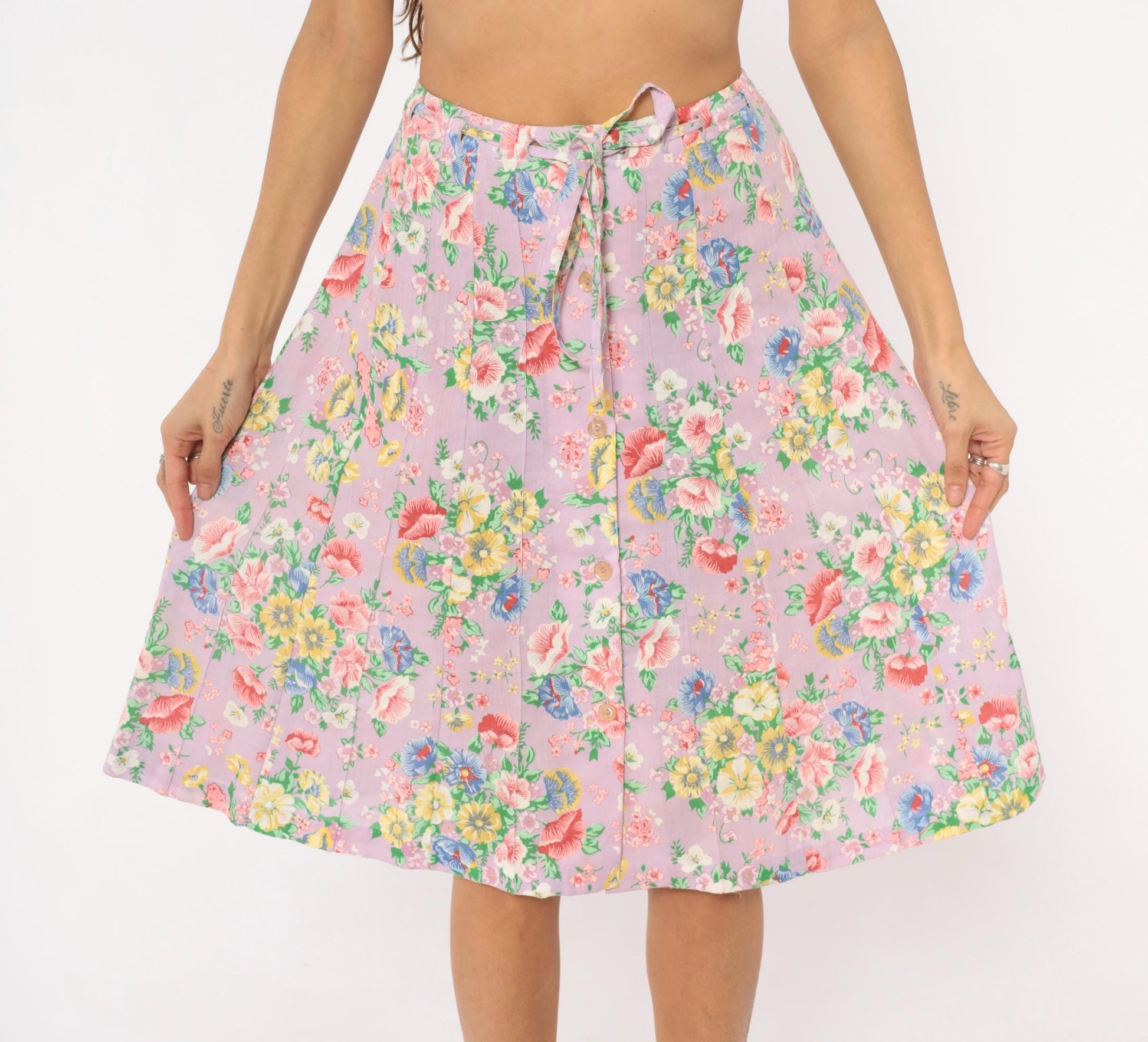 80s Lilac Floral Pleated Skirt Button Front Knee Length Cotton Small
