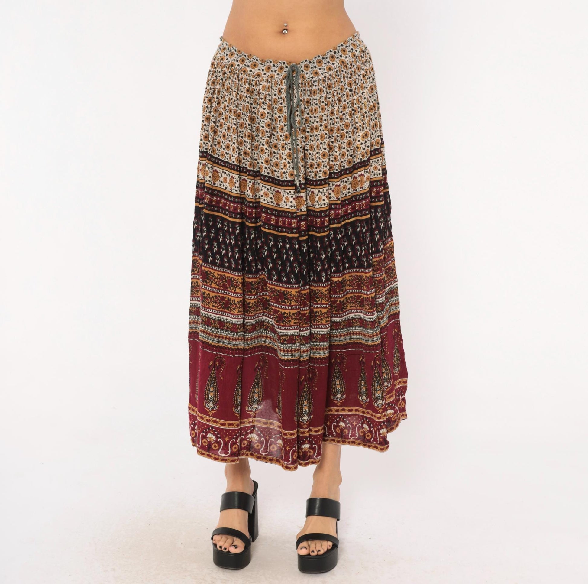 90s Sag Harbor Indian Block Print Maxi Skirt Burgundy Paisley Drawstring Large L