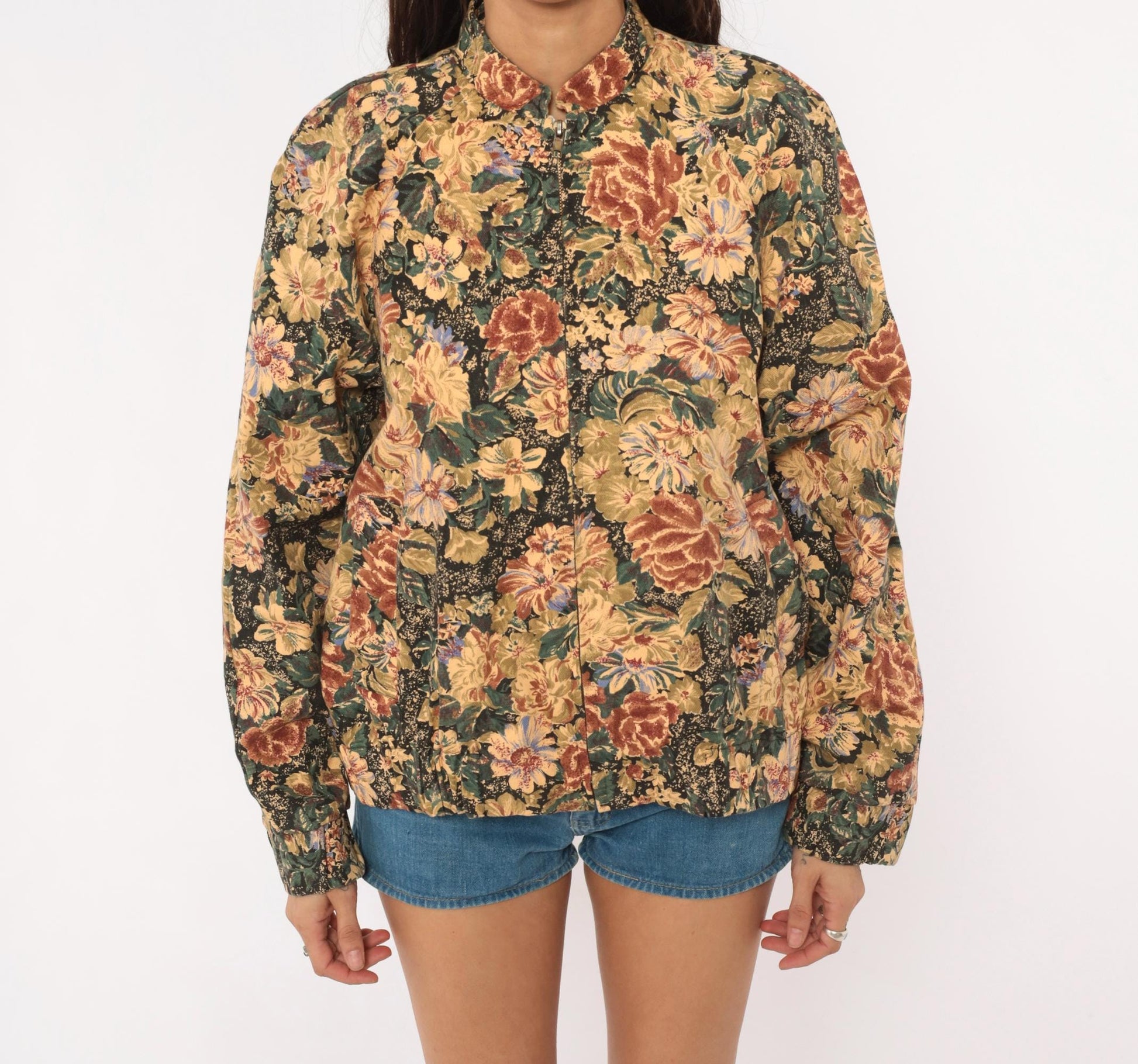 90s On The Verge Floral Tapestry Bomber Jacket Cotton Botanical Tan Burgundy Medium