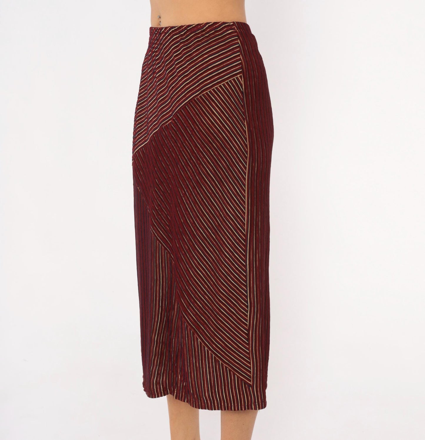 80s Gail Morgado Burgundy Pinstripe Midi Skirt Chevron Panel Small