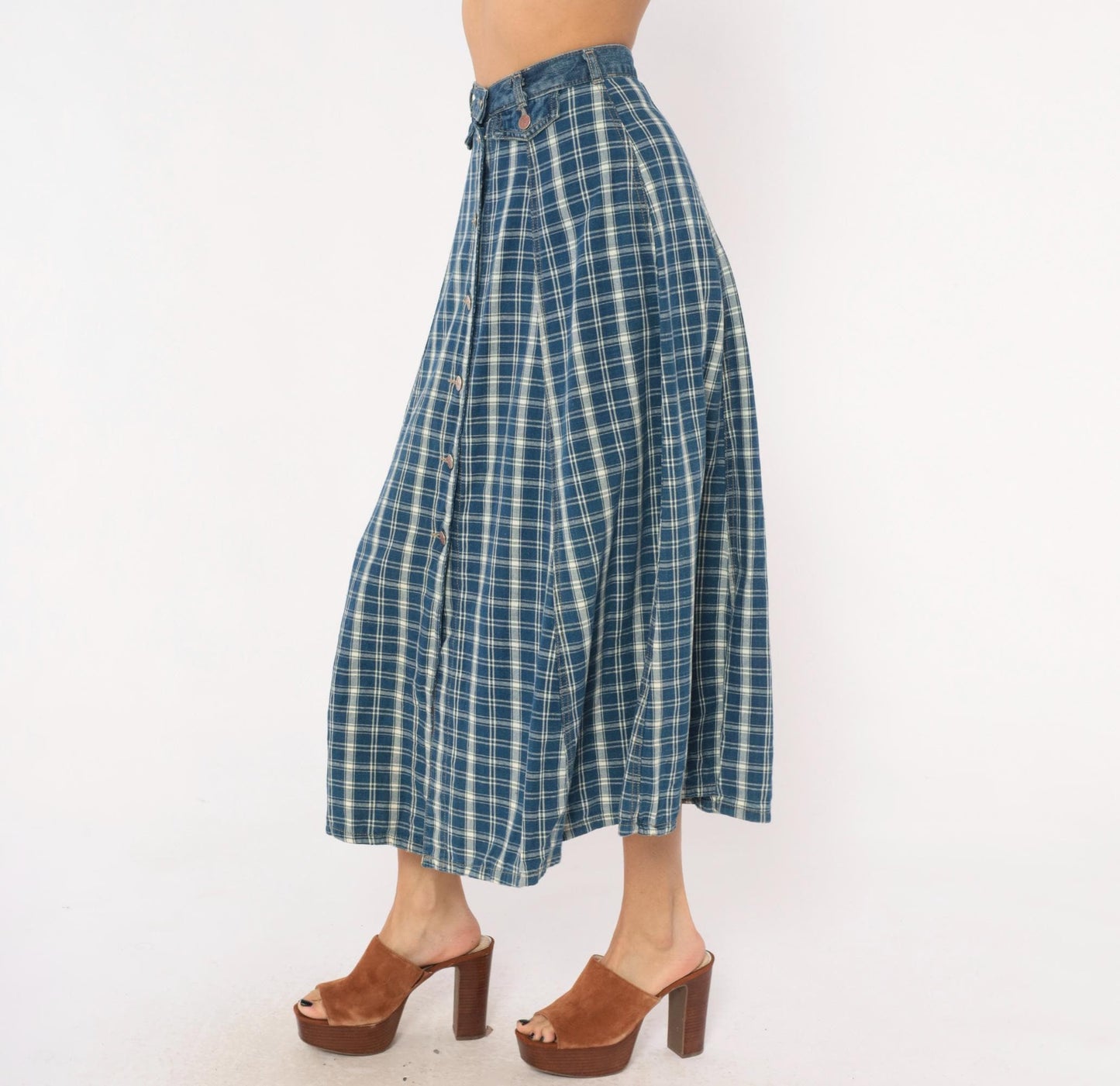 90s Outlaw Blue Plaid Cotton Midi Skirt Button Front XS