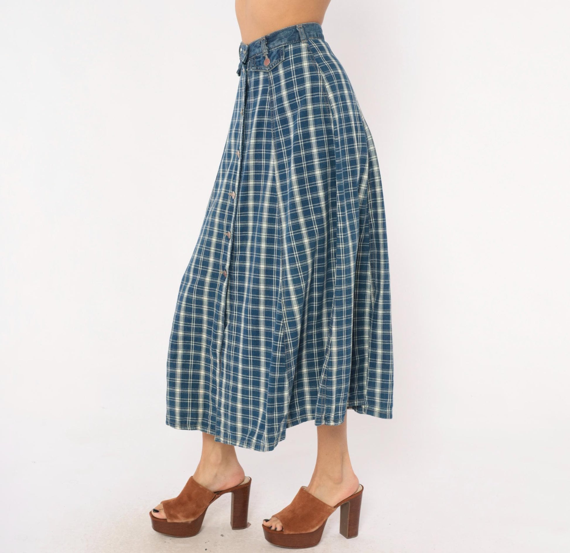 90s Outlaw Blue Plaid Cotton Midi Skirt Button Front XS