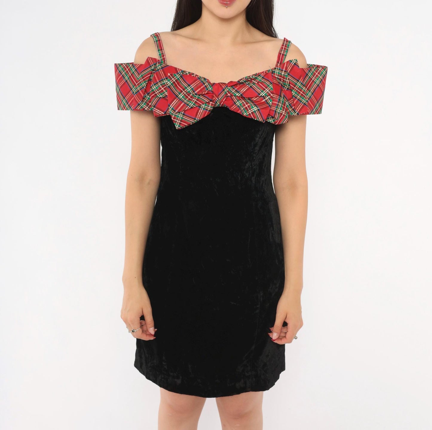 90s Badge Black Crushed Velvet Mini Dress Red Tartan Ruffle Off-Shoulder Extra Small XS
