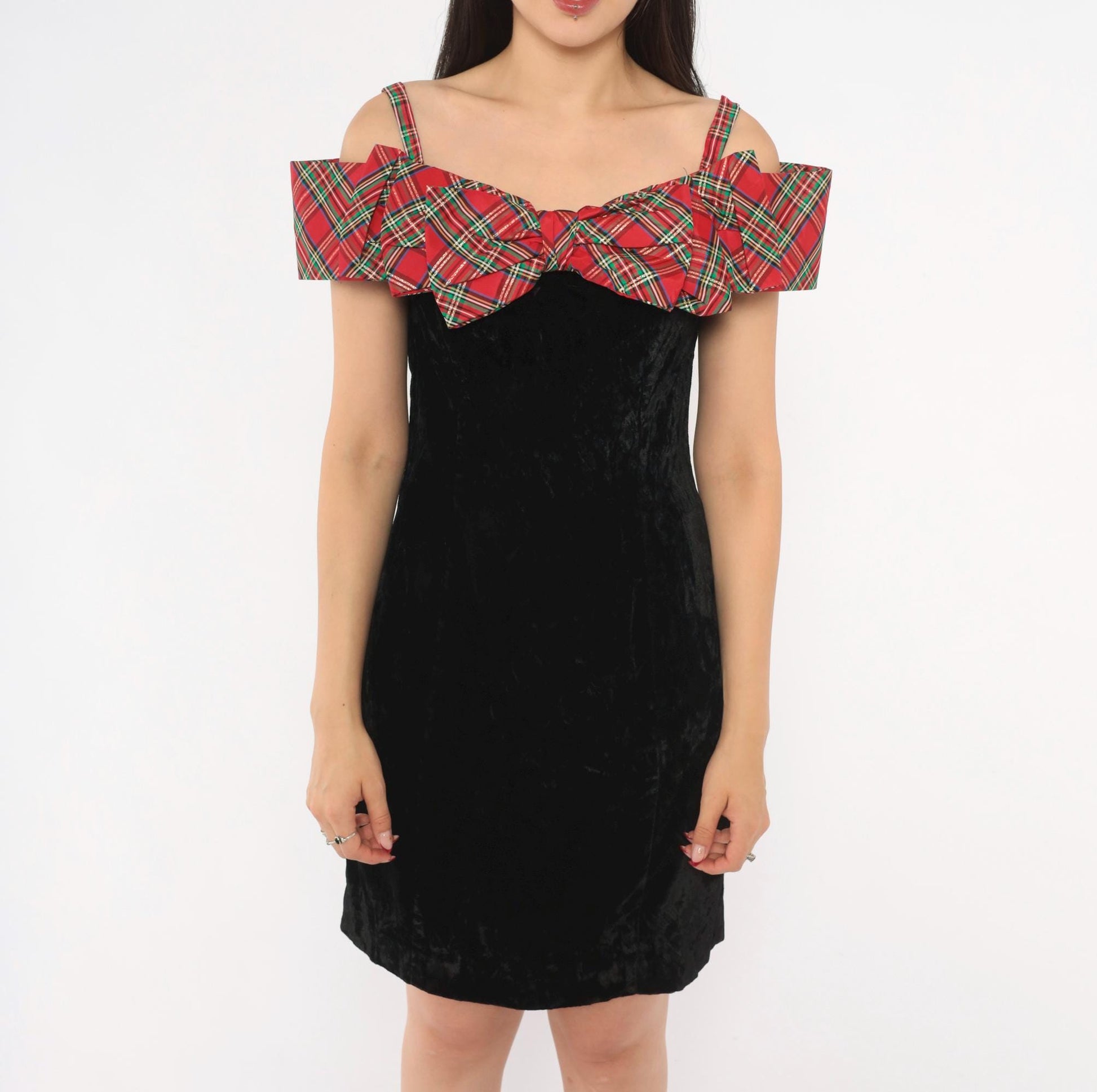 90s Badge Black Crushed Velvet Mini Dress Red Tartan Ruffle Off-Shoulder Extra Small XS