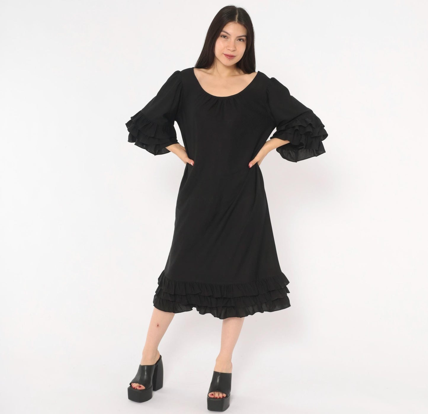 70s Black Midi Dress Ruffle Sleeve Tiered Hem Pullover Large L