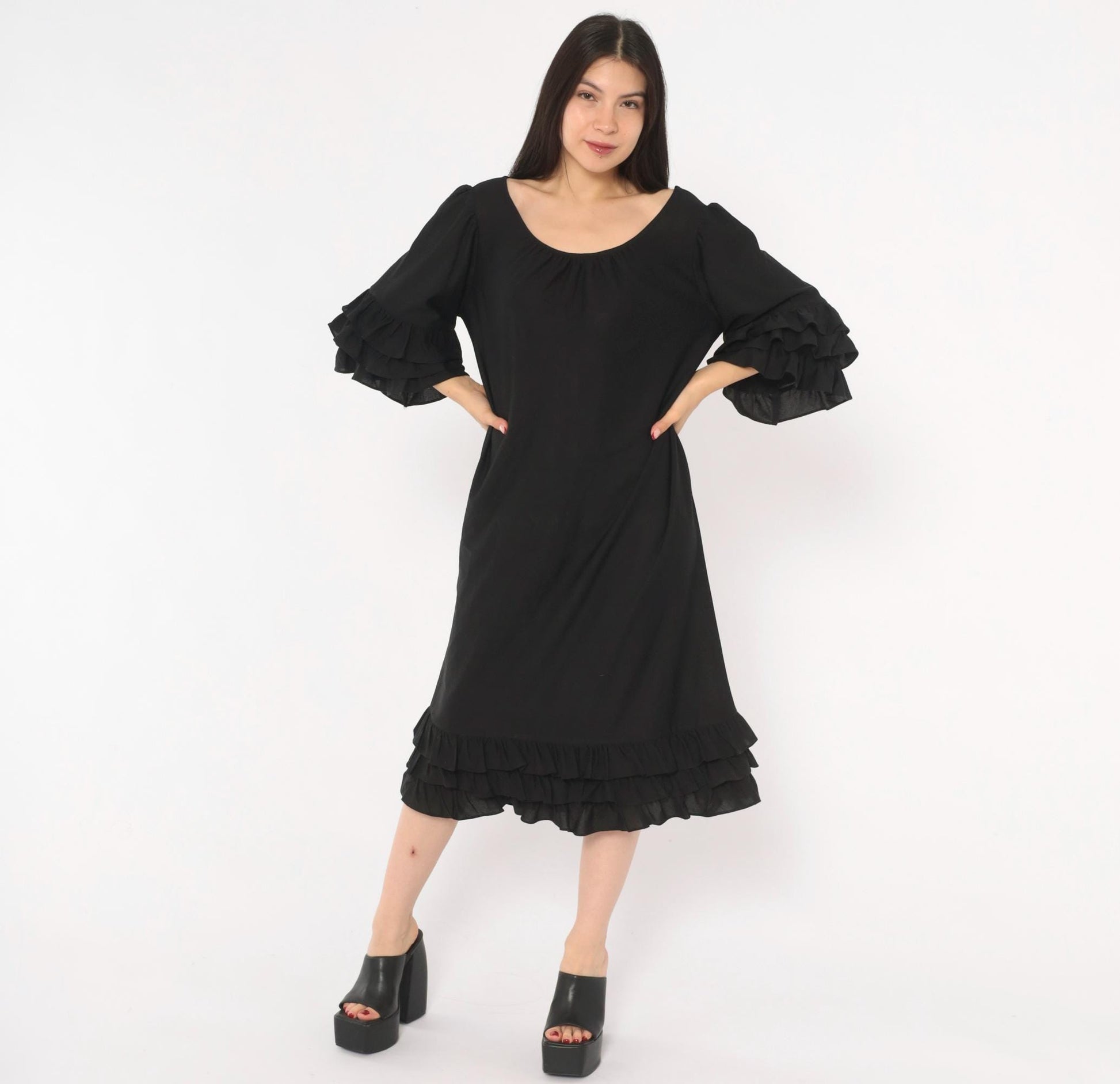 70s Black Midi Dress Ruffle Sleeve Tiered Hem Pullover Large L