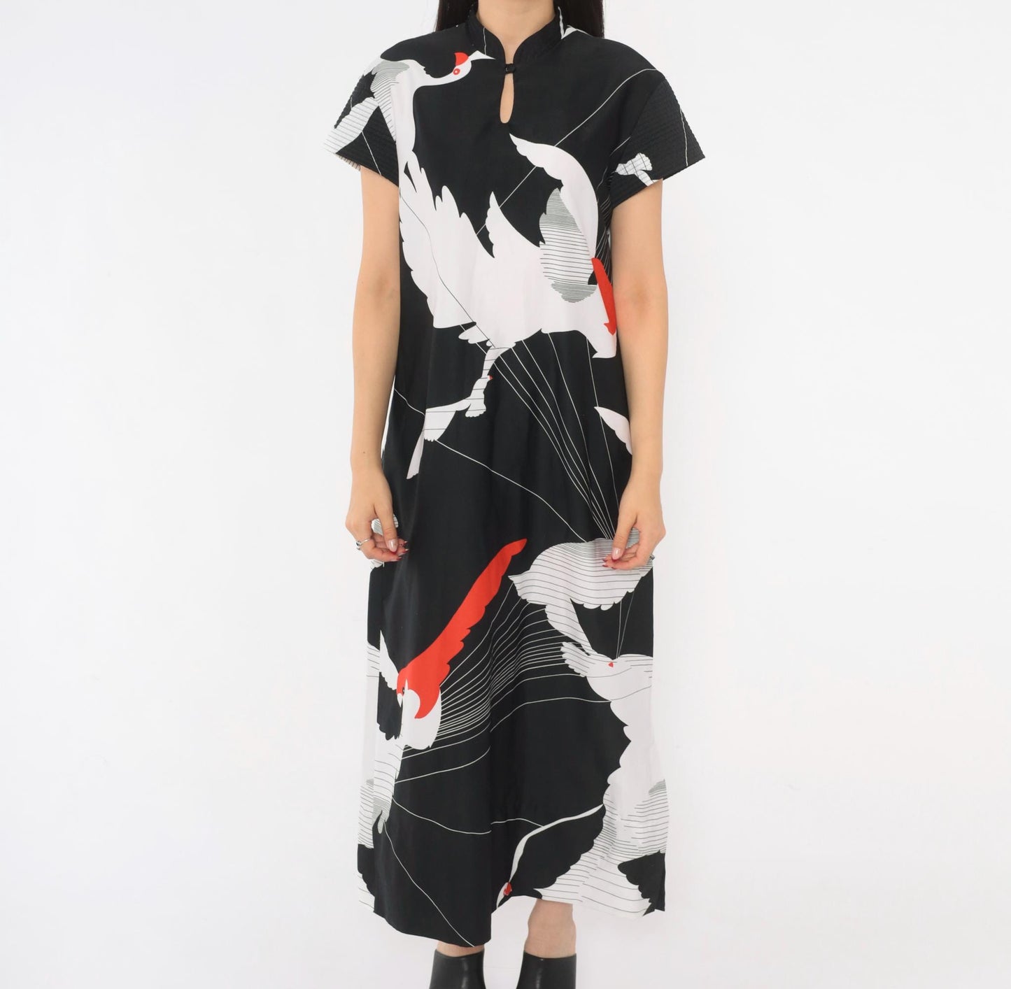 70s Tori Richard Crane Print Maxi Dress Black White Red Mandarin Collar Medium M