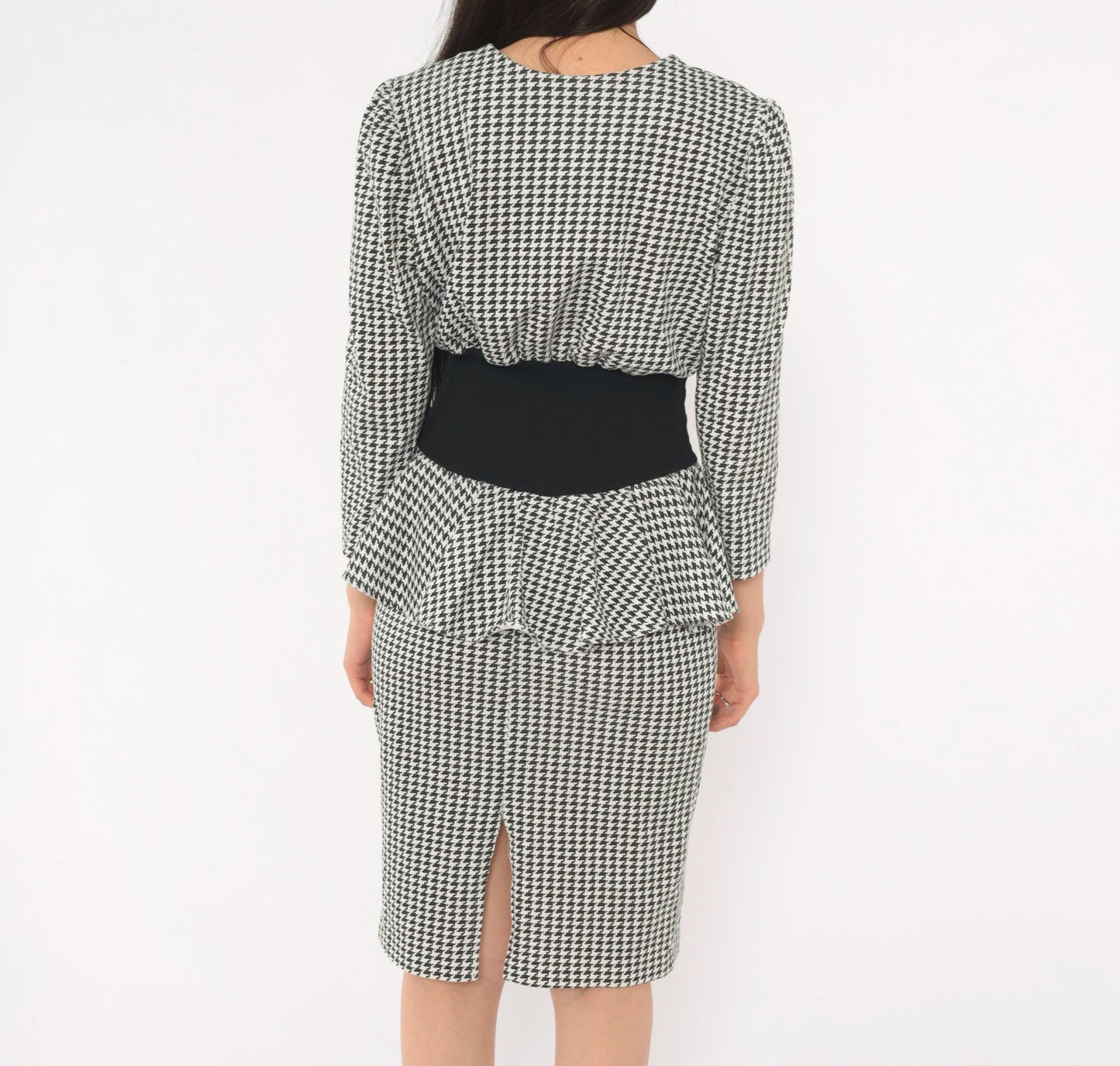 90s Breakin' Loose Houndstooth Peplum Dress Black White Check Small