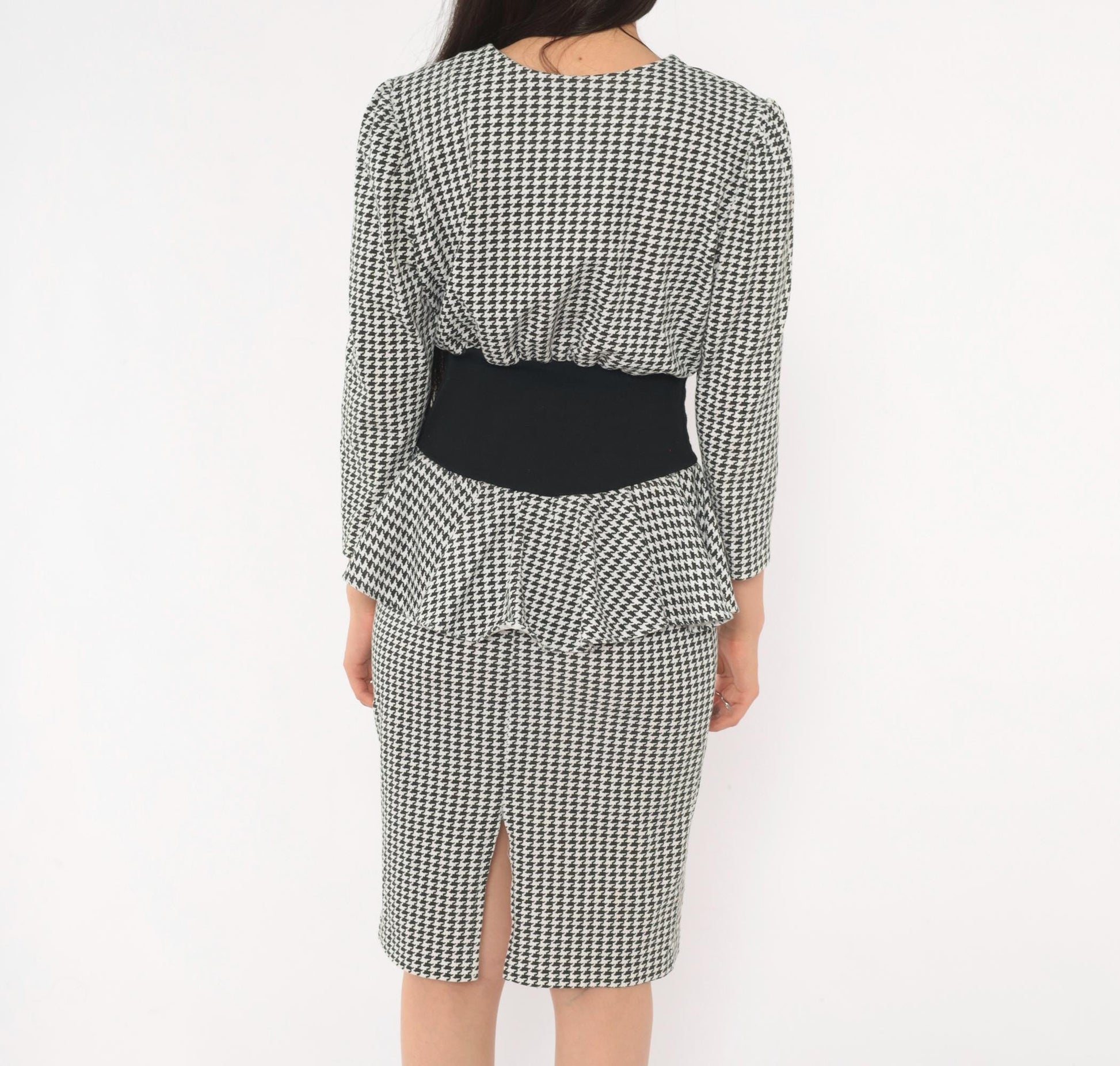 90s Breakin' Loose Houndstooth Peplum Dress Black White Check Small