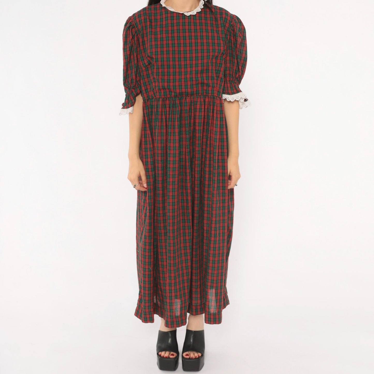 90s Red Green Tartan Maxi Dress Puff Sleeve Eyelet Lace Cotton Large L
