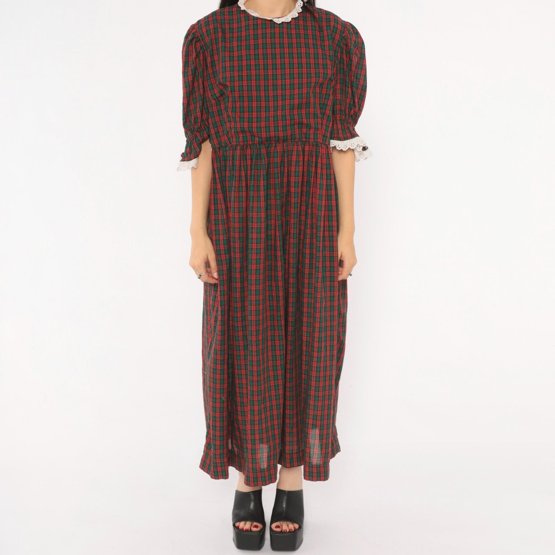 90s Red Green Tartan Maxi Dress Puff Sleeve Eyelet Lace Cotton Large L