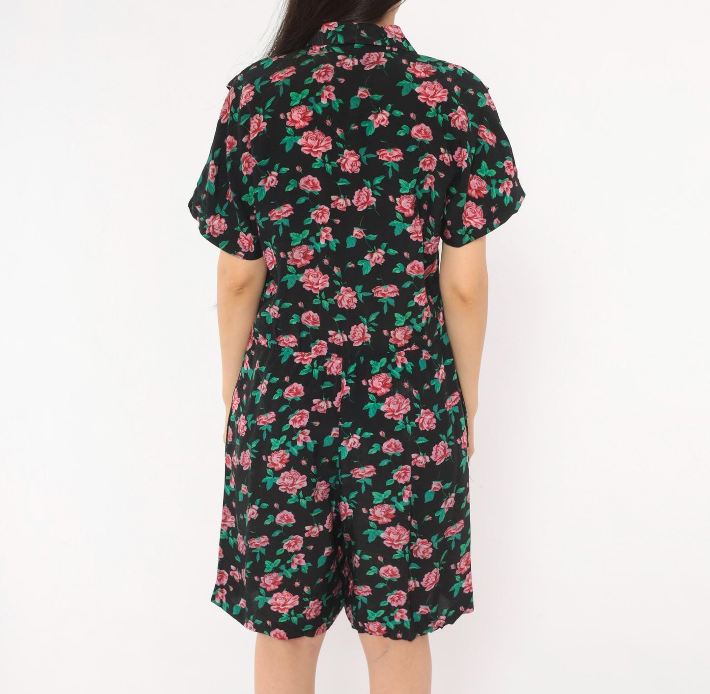90s All That Jazz Floral Romper Black Pink Rose Print V-Neck Small S