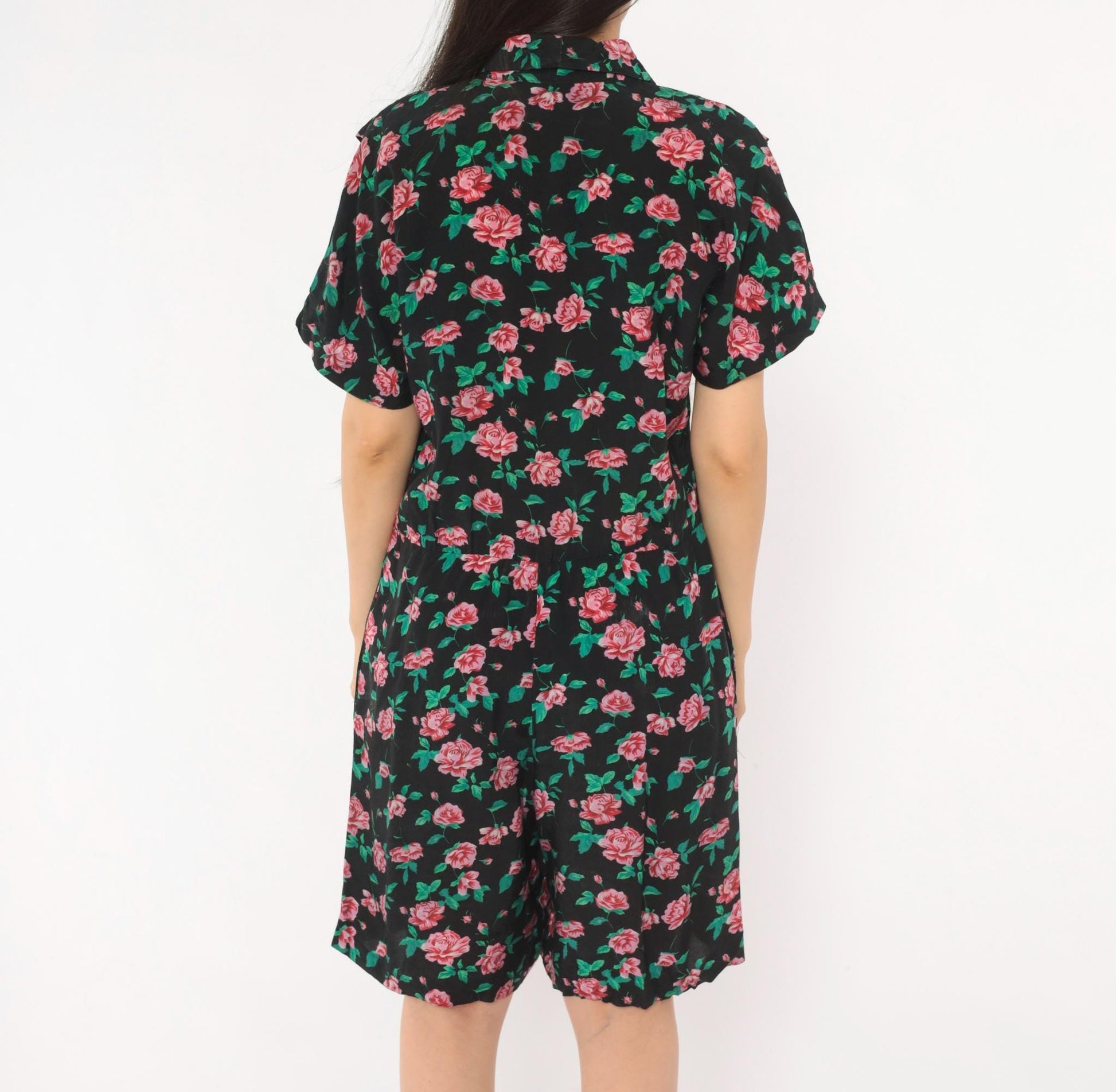 90s All That Jazz Floral Romper Black Pink Rose Print V-Neck Small S