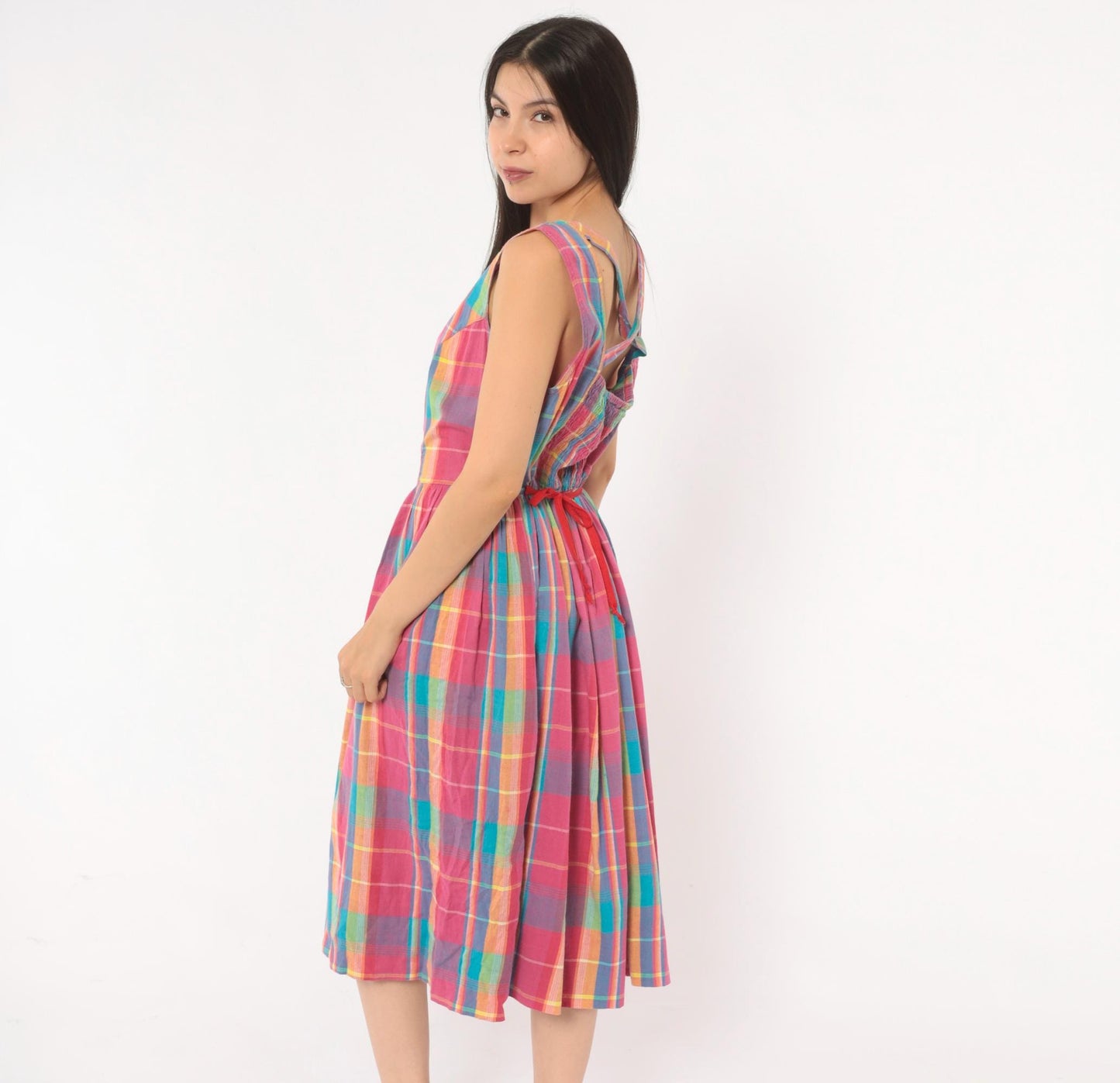 90s Madras Plaid Sundress Pink Turquoise Cotton Button Front Mid-Calf Medium M
