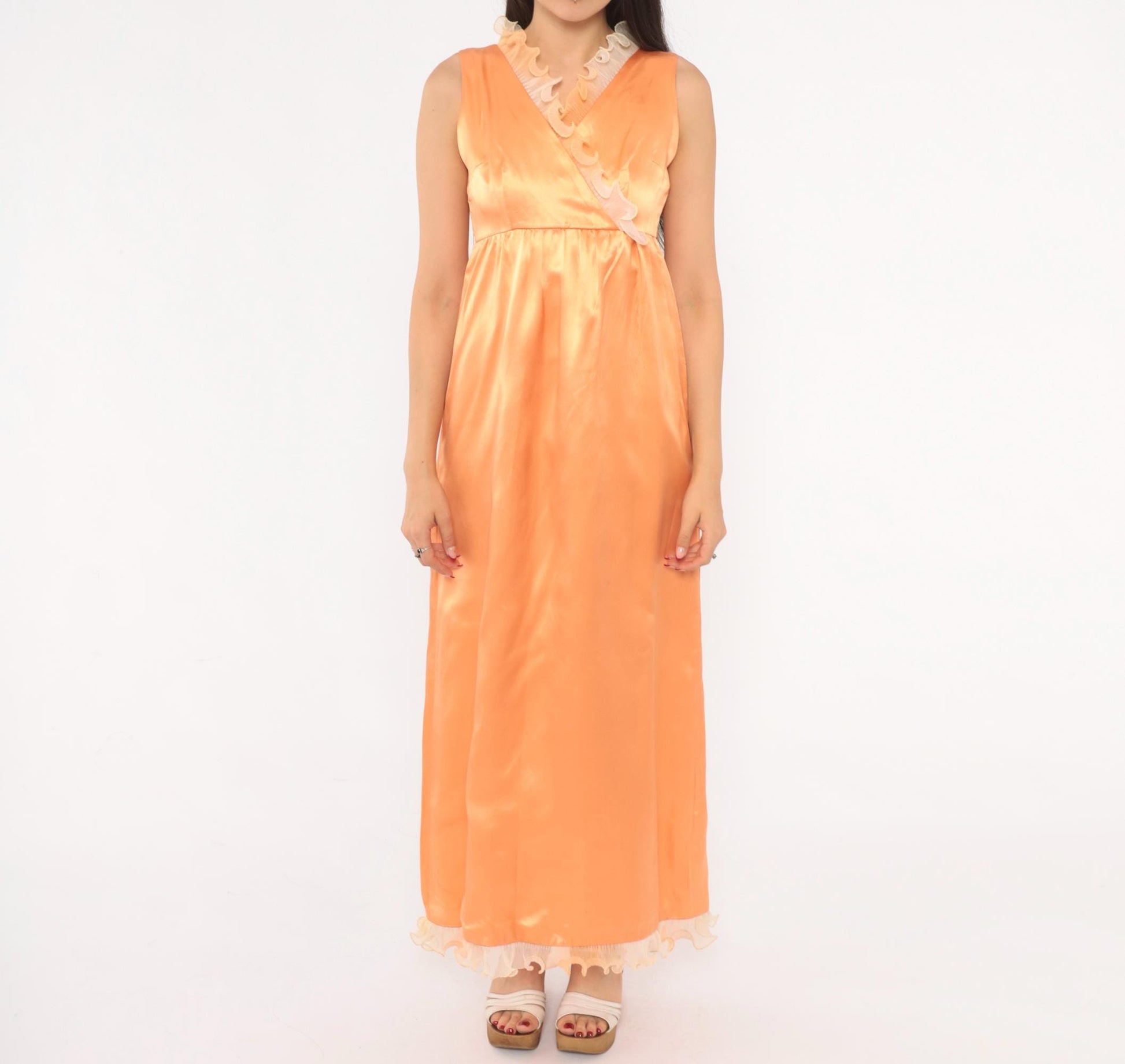 70s Peach Satin Nightgown Surplice V Neck Ruffle Lace Maxi Slip Extra Small XS