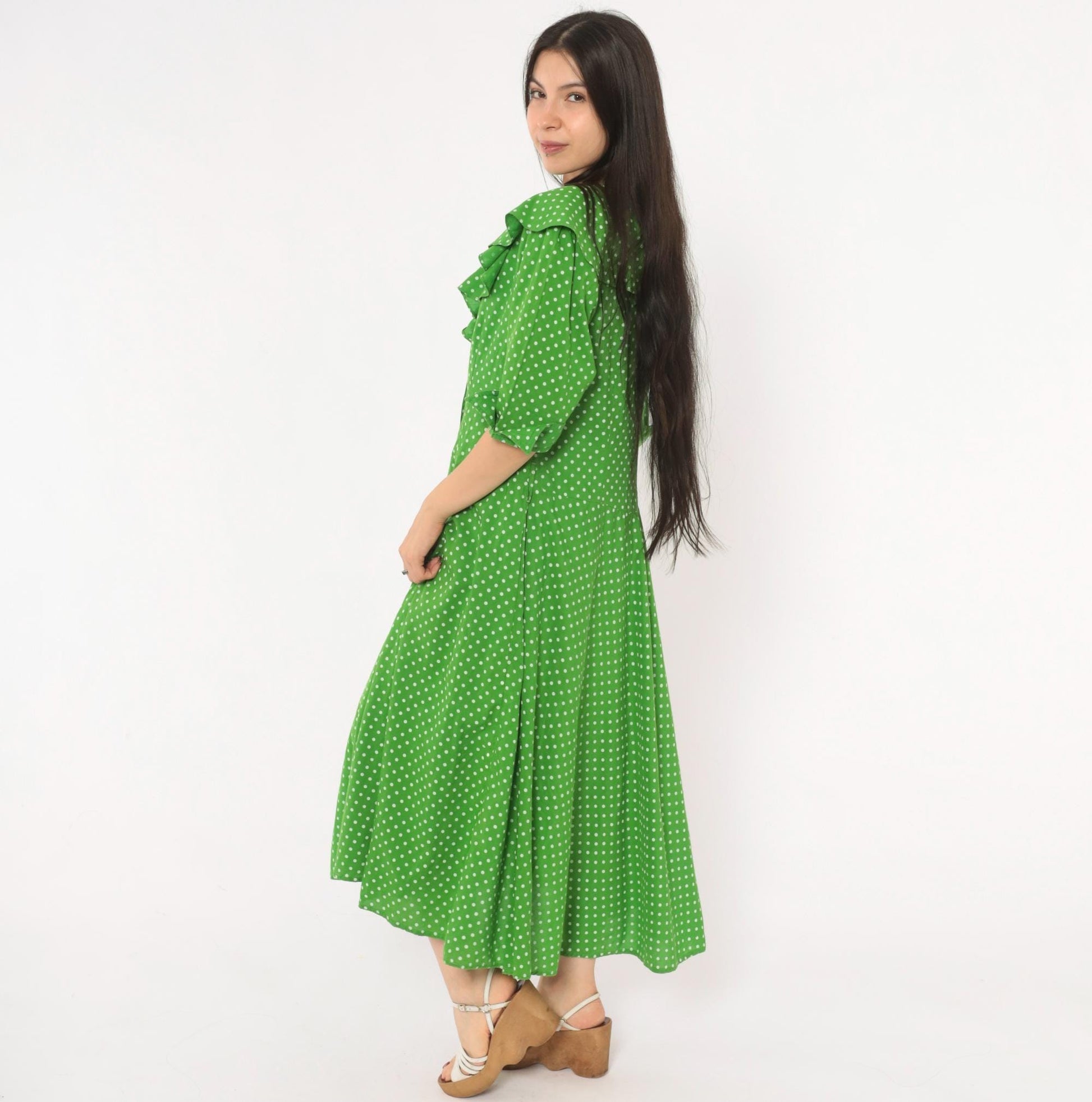 2000s Green White Polka Dot Cotton Midi Dress Ruffle Collar Puff Sleeve Large L