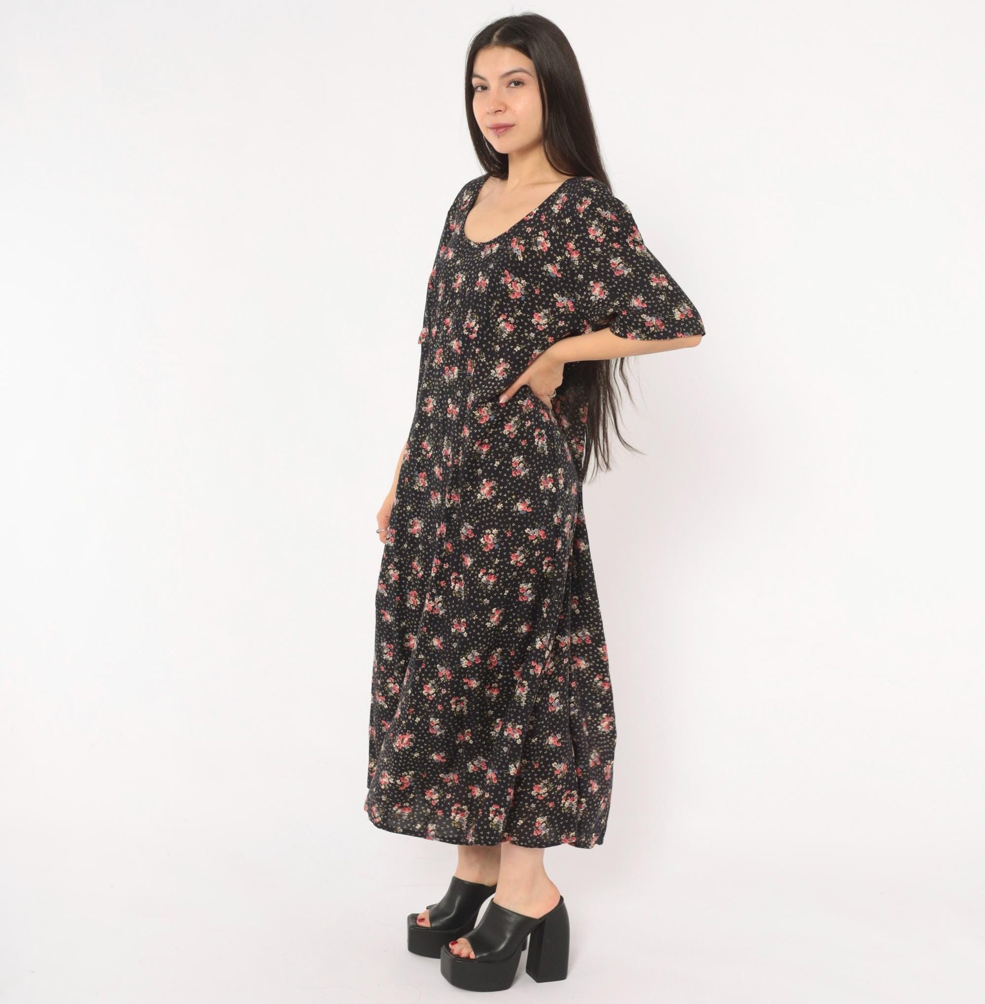 90s Jamie Brooke Black Floral Maxi Dress Pink Blue Scoop Neck Medium M