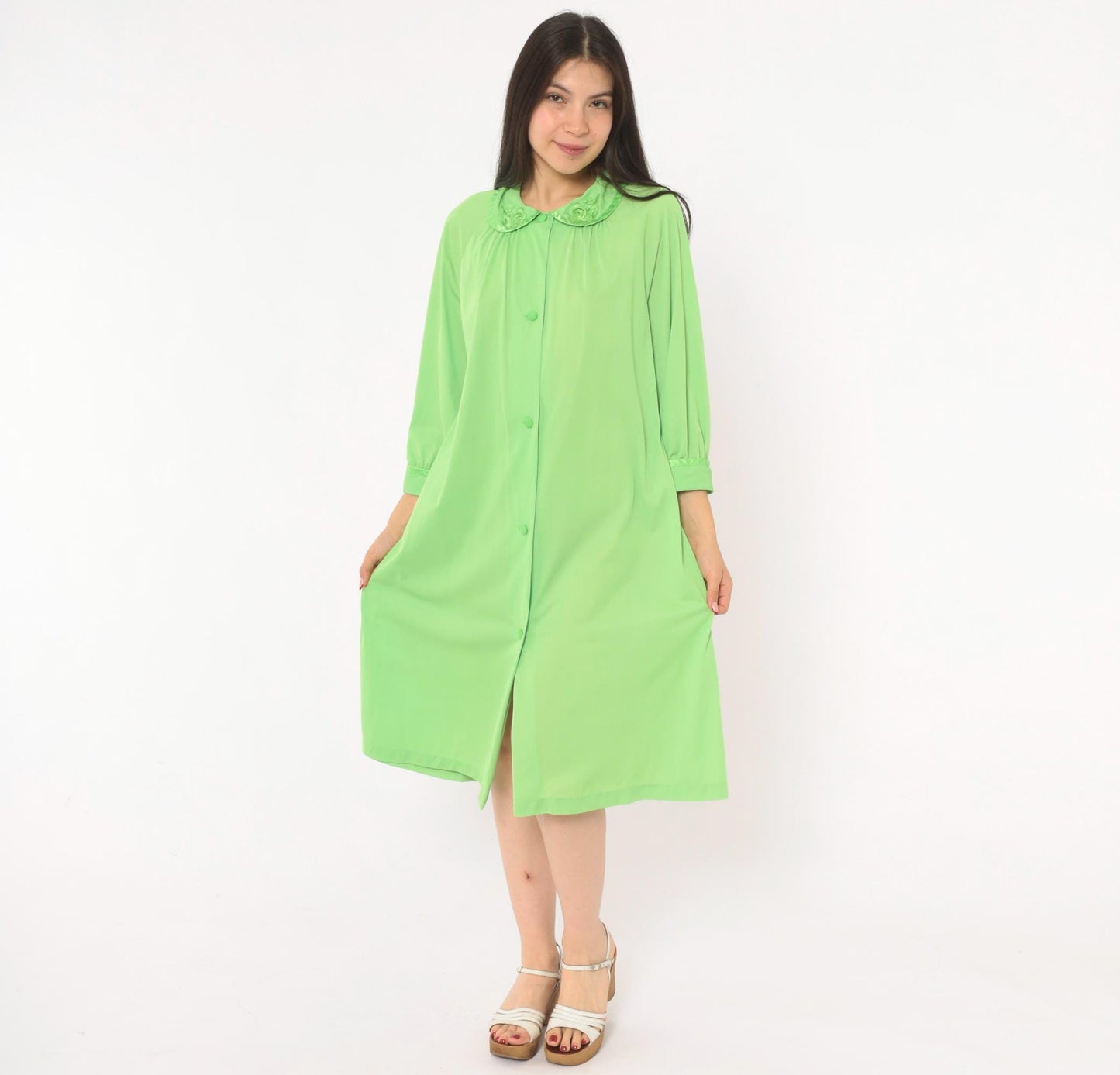70s Mint Green Button-Front Housecoat Peter Pan Collar Satin Trim Large L