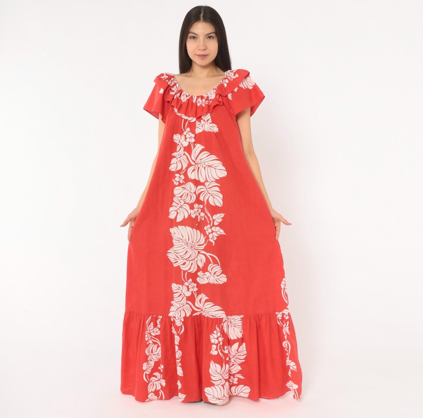 80s Hilo Hattie Hawaiian Muumuu Red Monstera Floral Maxi Dress Large