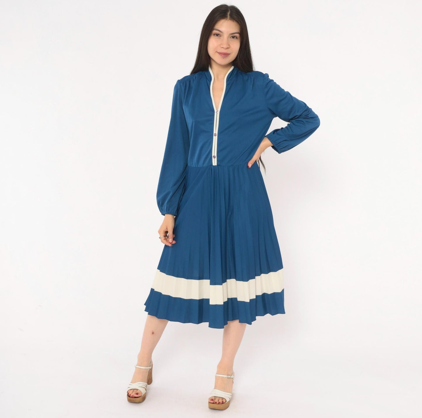 70s Navy Blue Pleated Dress Stand Collar Button Front Balloon Sleeve Large L