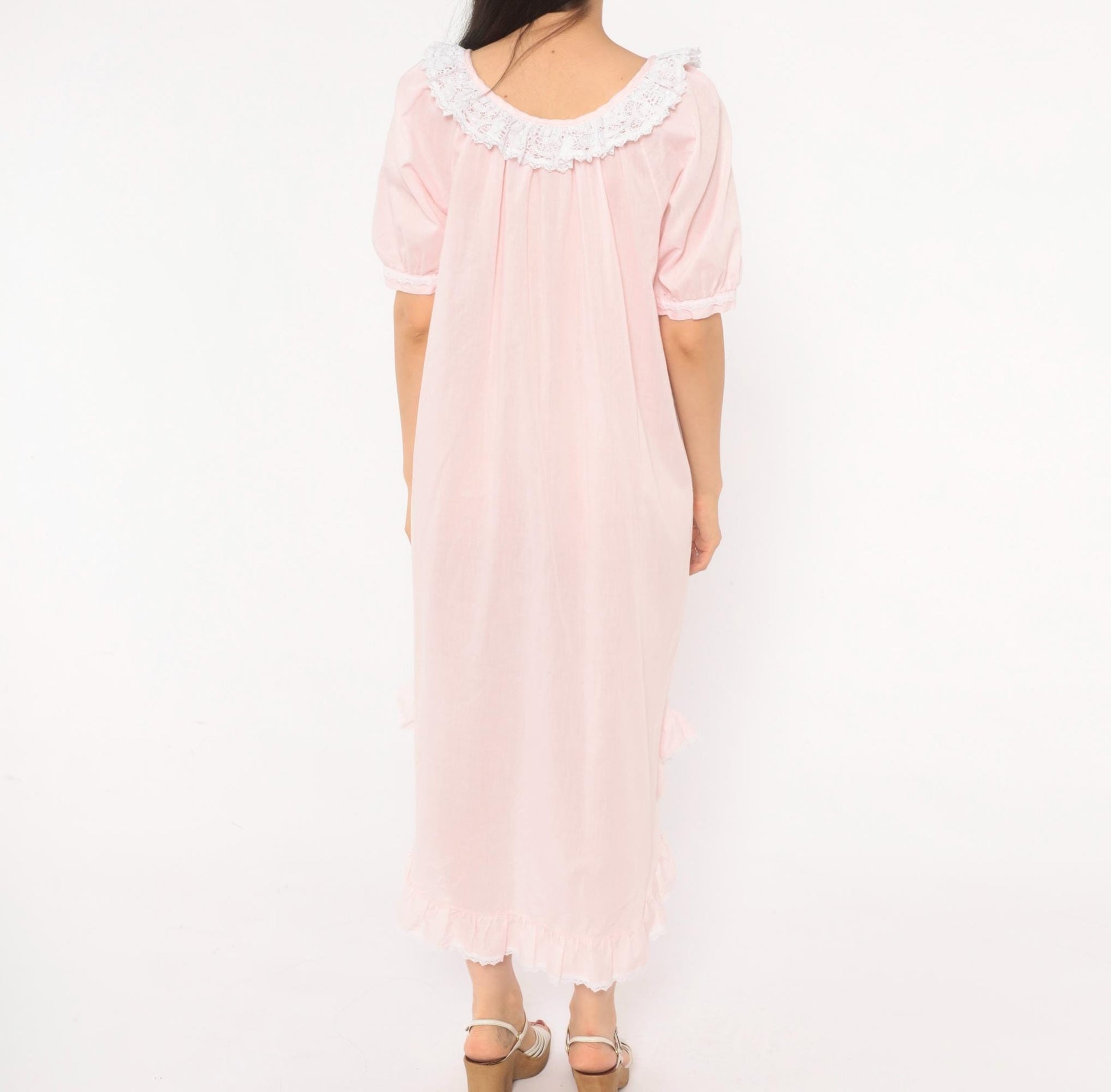 90s Apostrophe Pink Lace Nightgown Puff Sleeve Tie Front Medium M