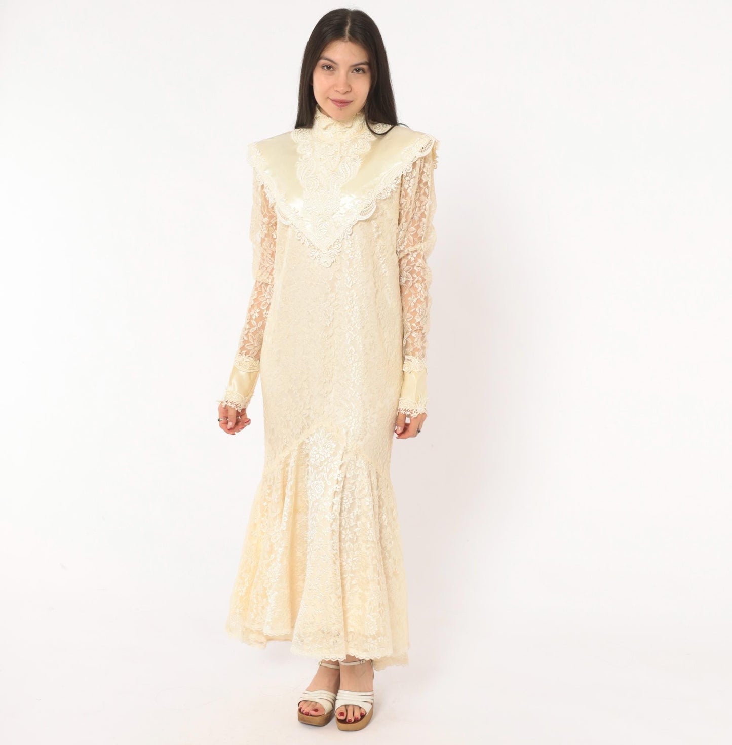80s Jessica Mclintock Cream Lace Mermaid Wedding Dress High Neck Satin Bib Medium M