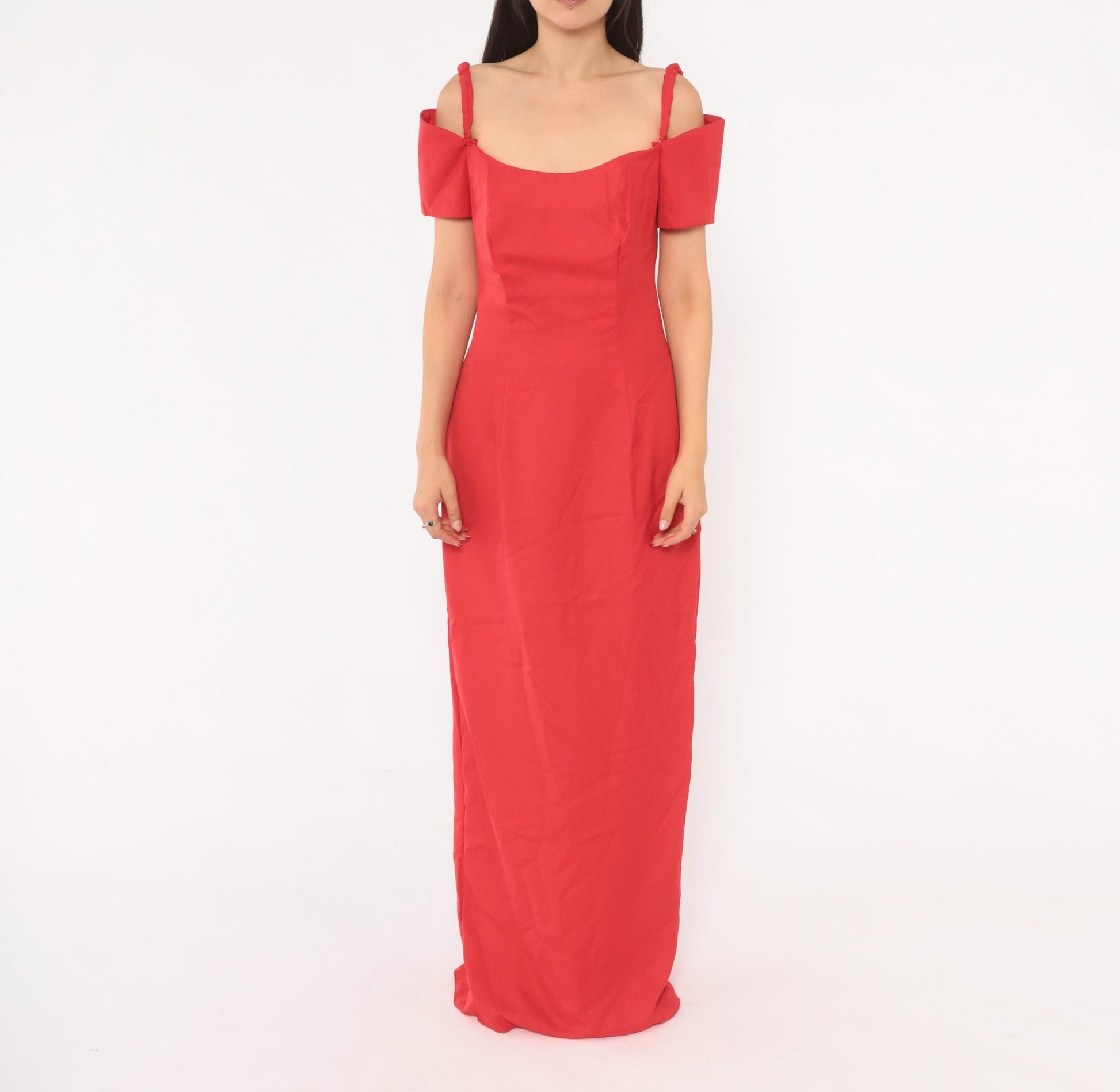 90s Red Off-Shoulder Maxi Gown Spaghetti Strap Bow Back Medium M