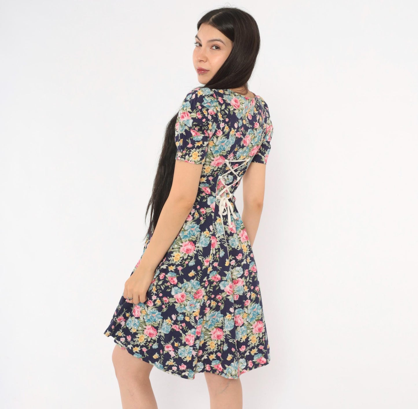 90s Sweet Soda Floral Mini Dress Navy Puff Sleeve Lace-Up Cotton XXS