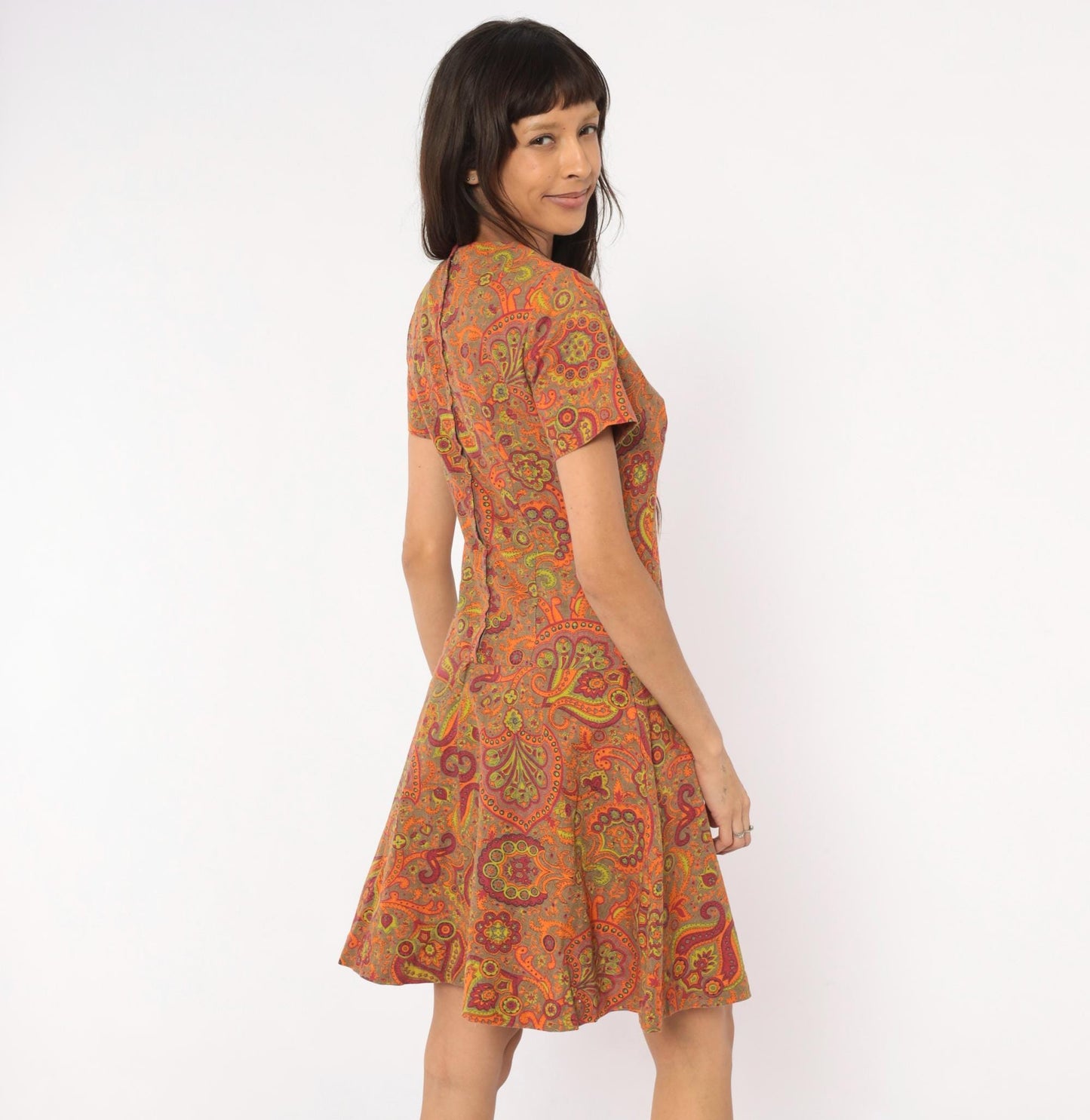 60s Junior West California Paisley Shift Dress Orange Cotton Small