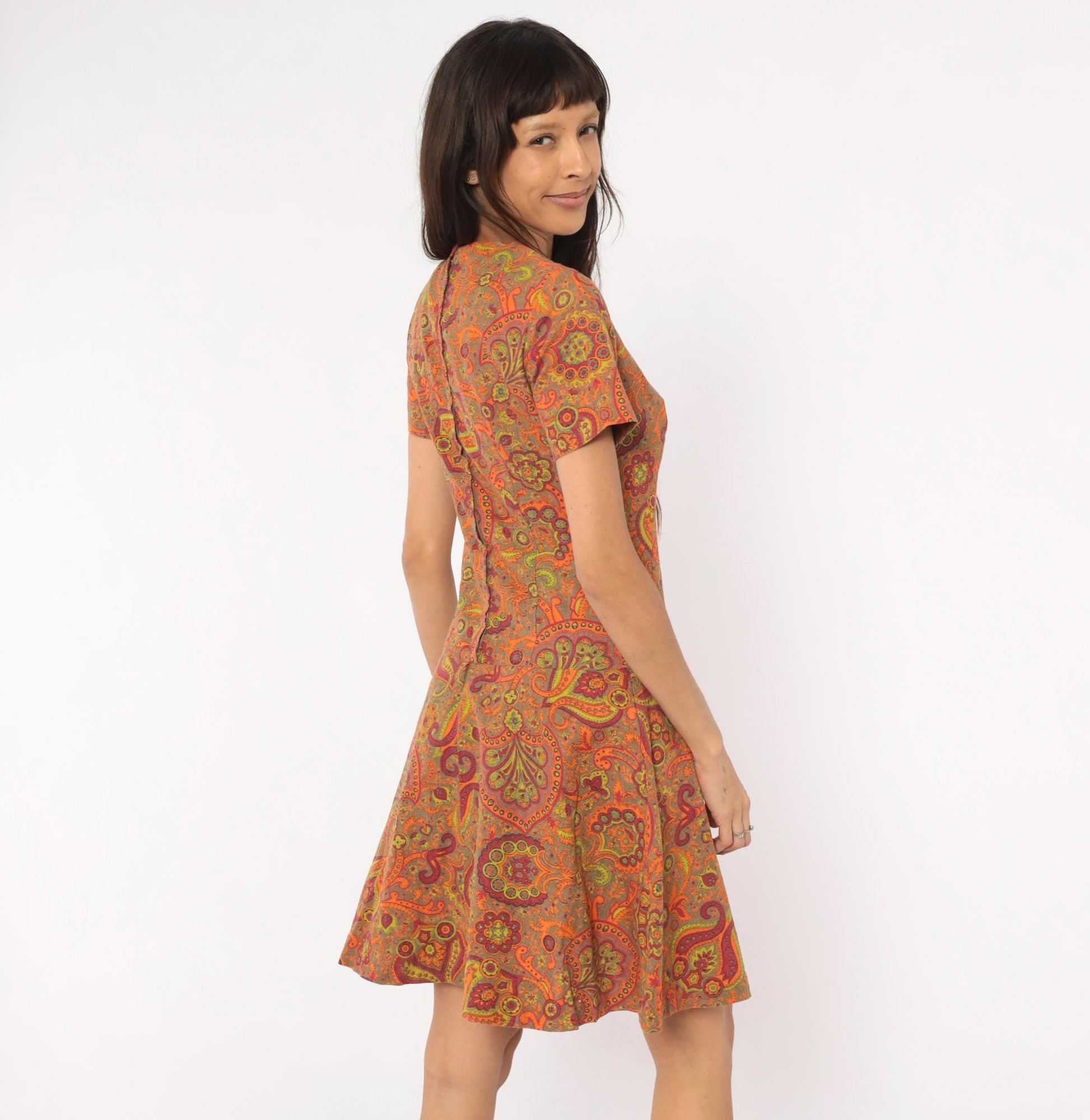 60s Junior West California Paisley Shift Dress Orange Cotton Small