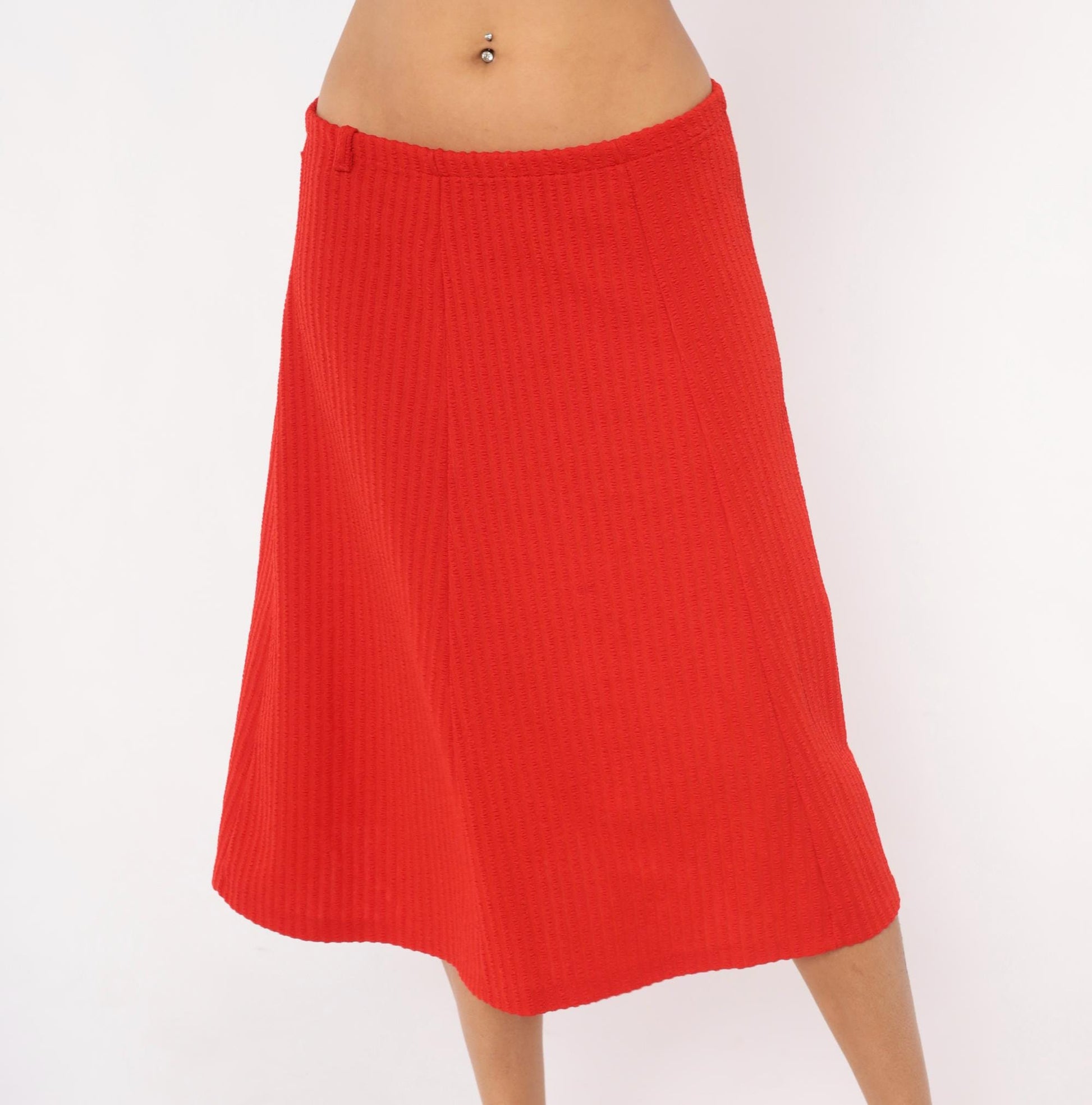 70s Ecco Bay Red A-Line Skirt Ribbed Pleated Knee-Length Large L