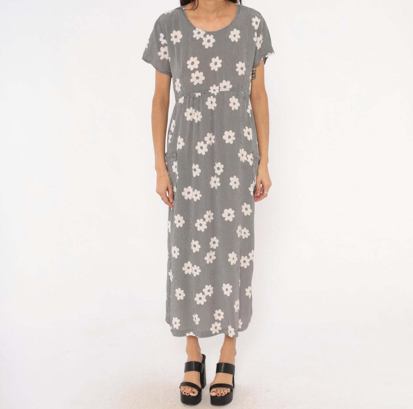 90s Navy Gingham Daisy Print Maxi Dress Drawstring Waist Medium M