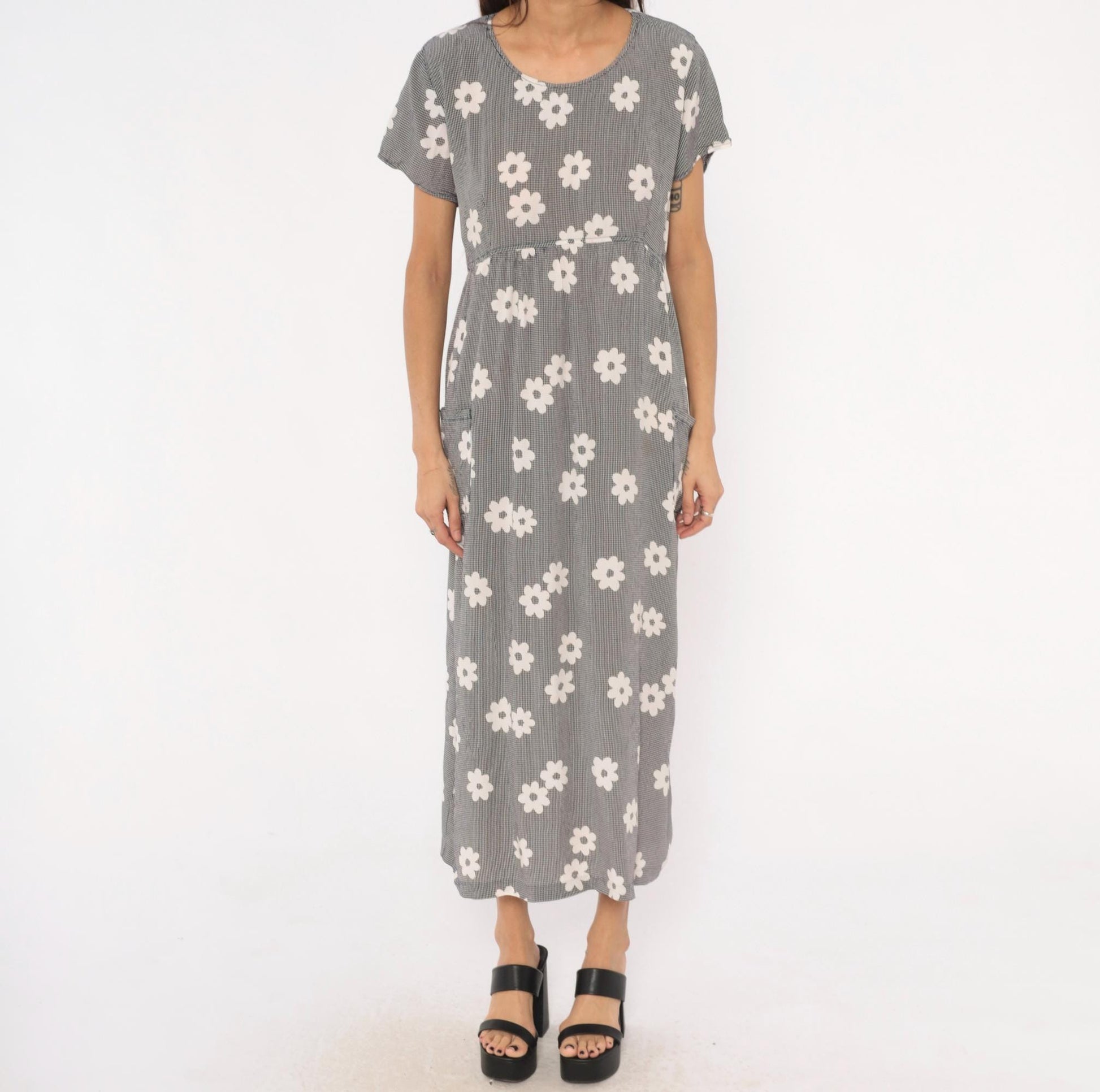 90s Navy Gingham Daisy Print Maxi Dress Drawstring Waist Medium M