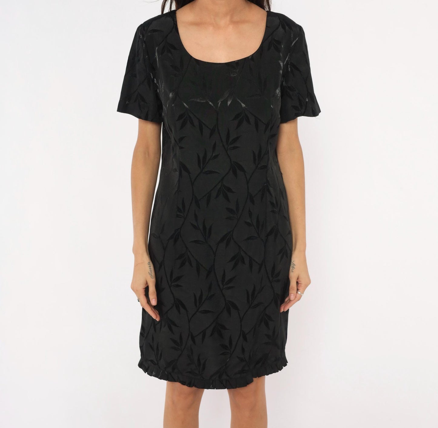 90s Giorgio Fiorlini Black Jacquard Leaf Shift Dress Scoop Neck Large L