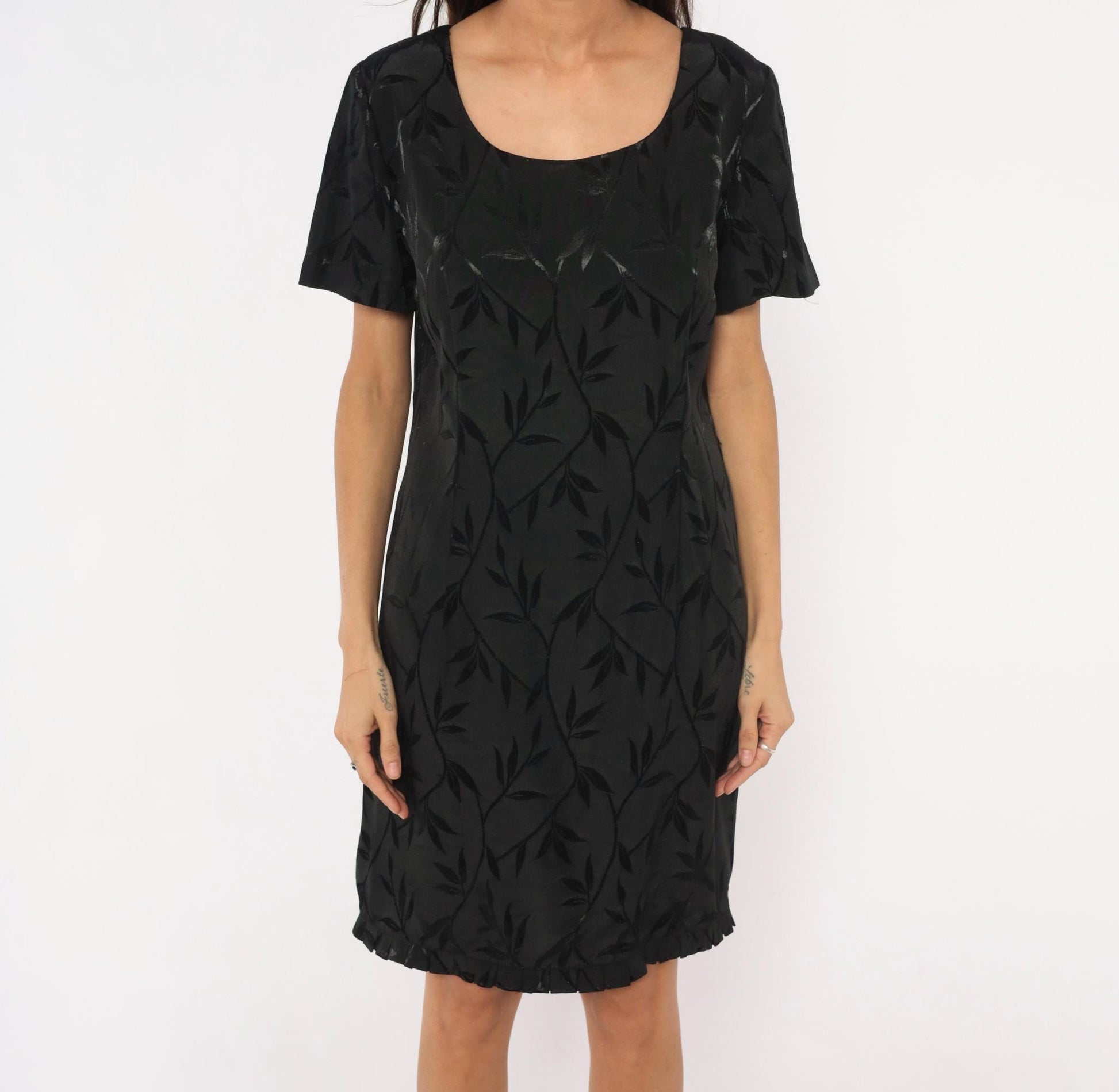 90s Giorgio Fiorlini Black Jacquard Leaf Shift Dress Scoop Neck Large L