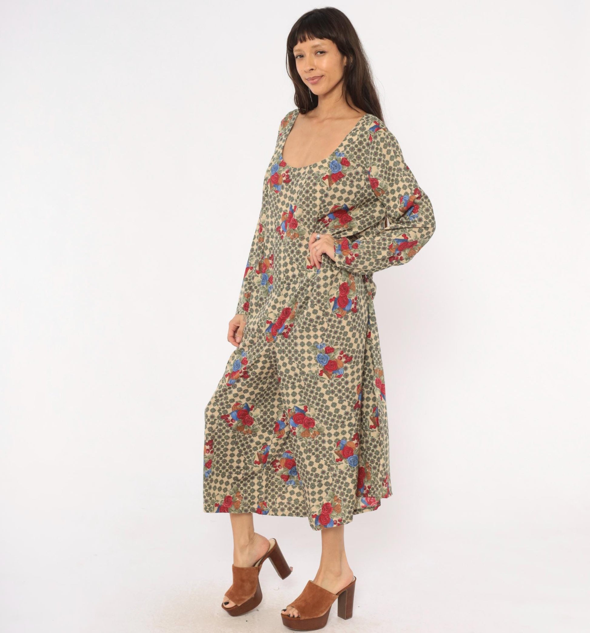 90s Floral Jumpsuit Cream Scoop Neck Long Sleeve Rose Medallion Print Large L