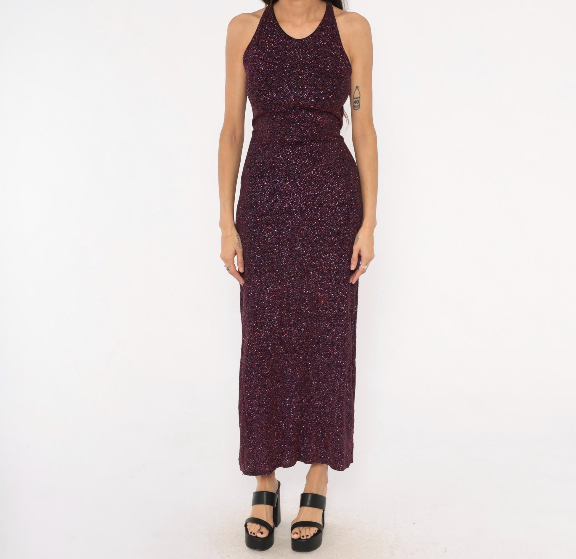 90s Jump Glitter Halter Maxi Dress Plum Purple Open Back Small S