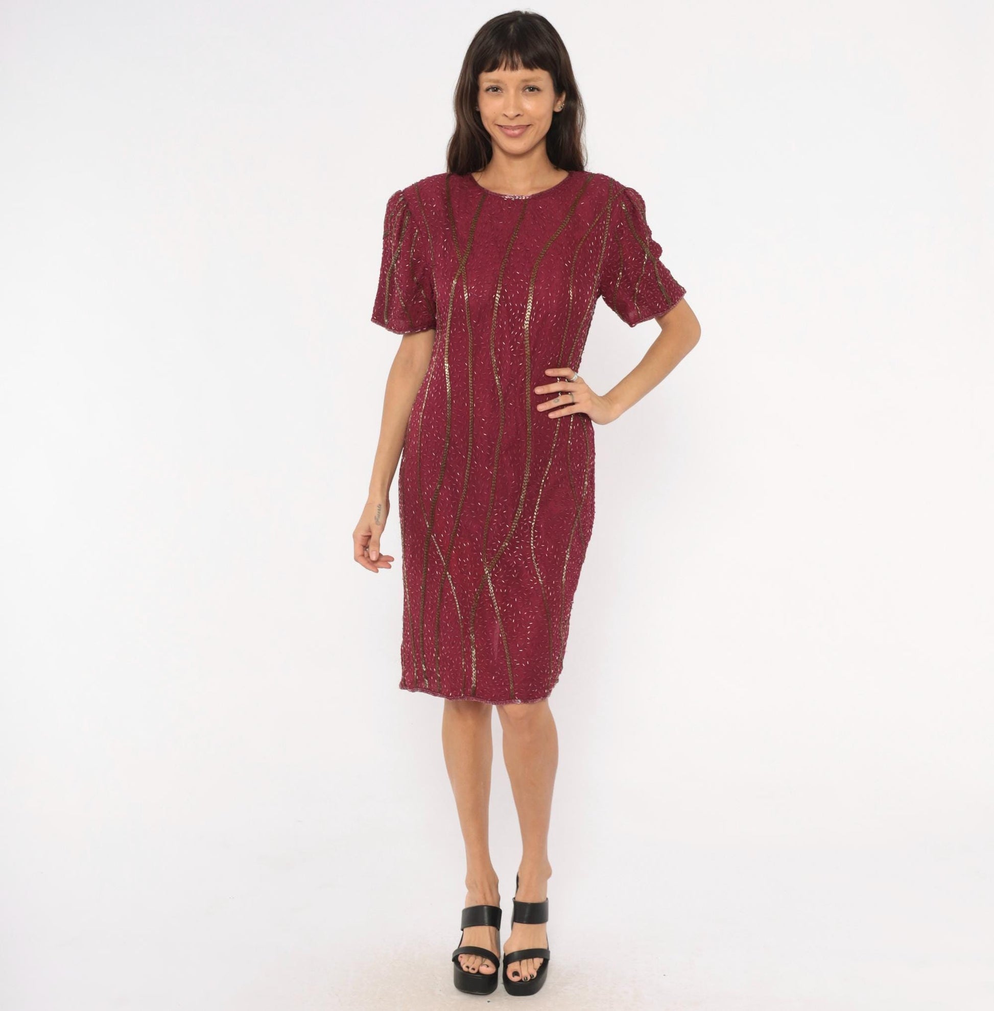 80s Sweelo Burgundy Beaded Dress Gold Bugle Bead Stripes Knee-Length Medium