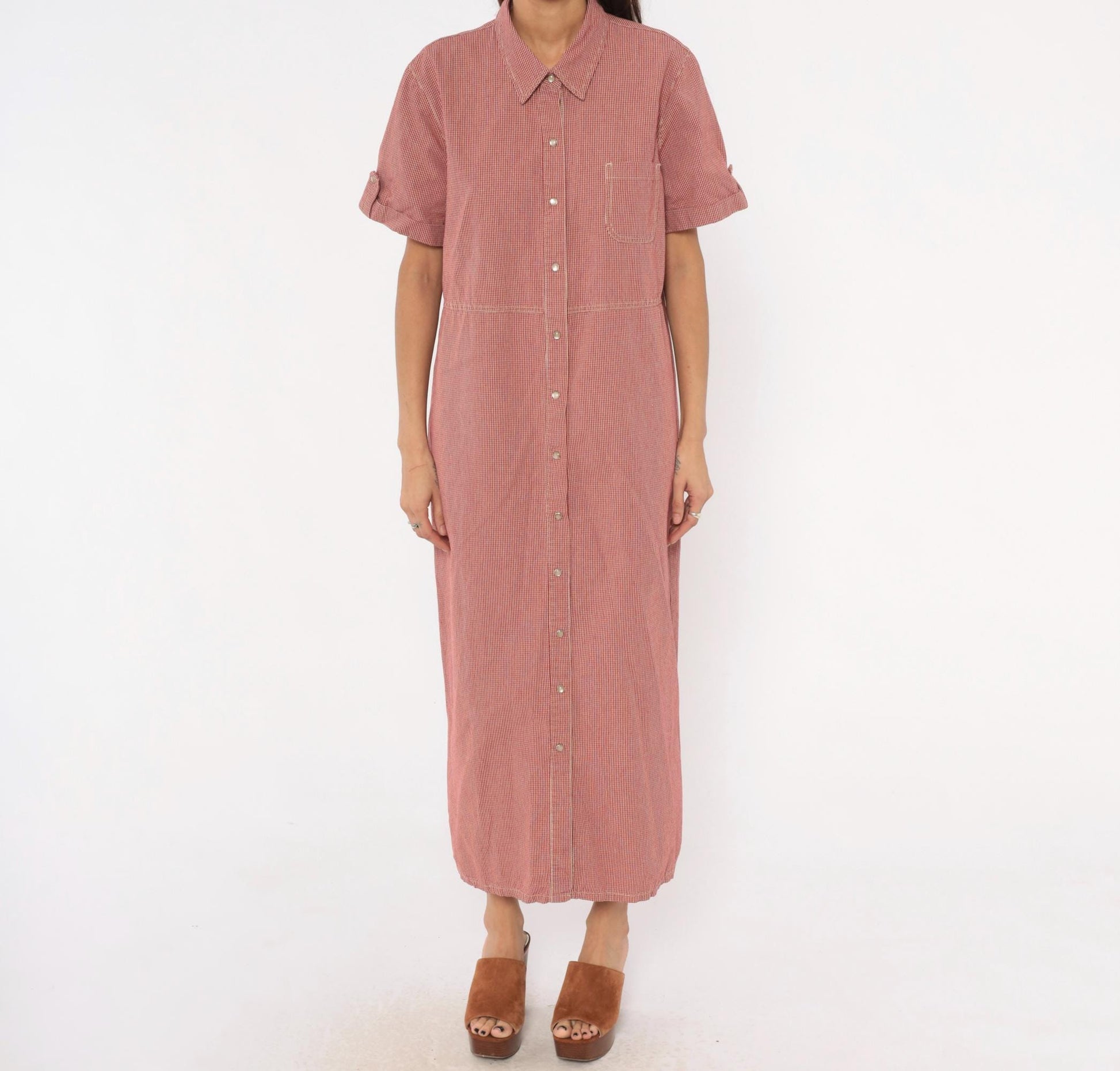 90s White Stag Gingham Shirtdress Red Cream Check Cotton Maxi Extra Large
