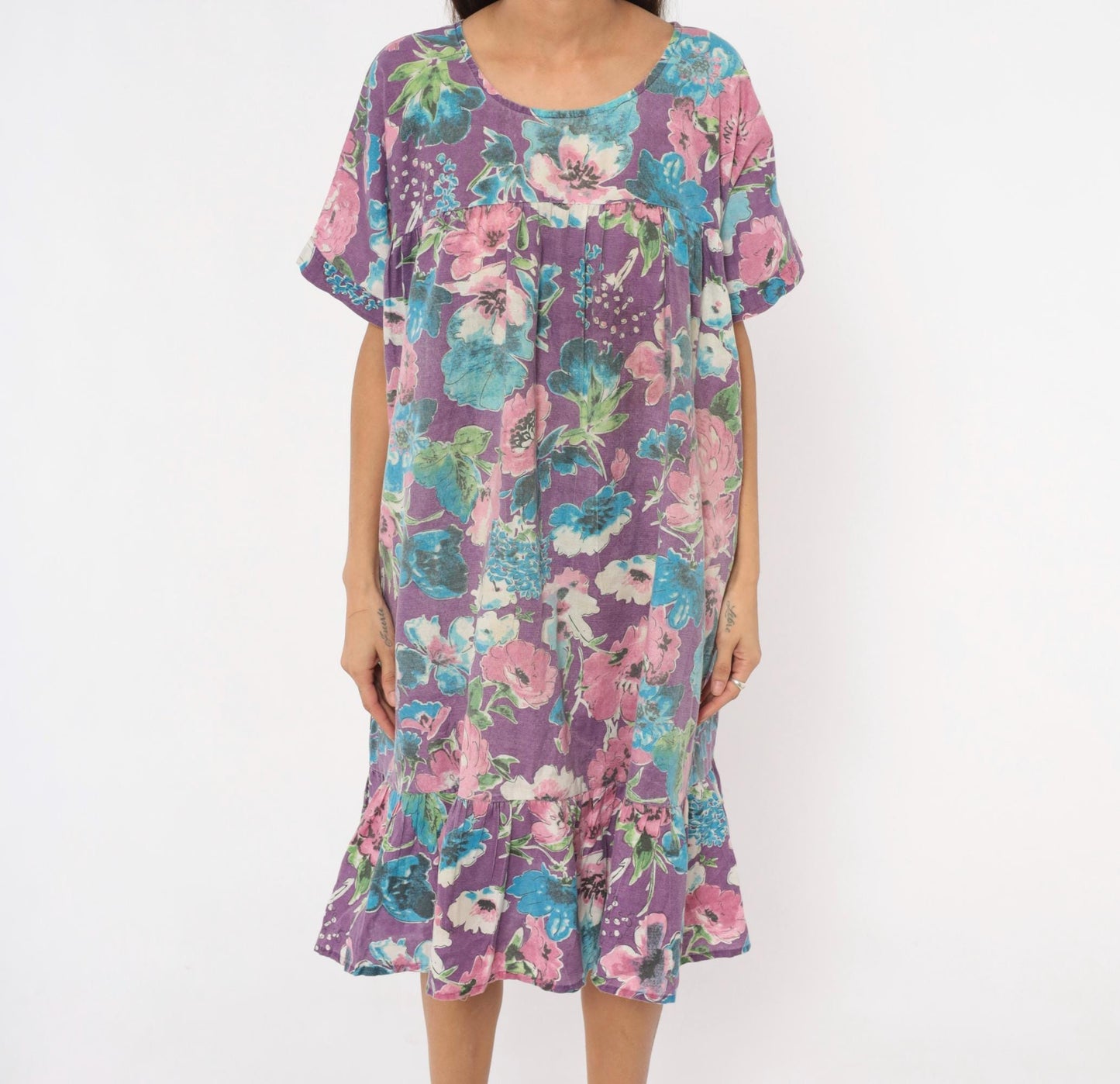 80s CW Classics Floral Watercolor Cotton Dress Purple Pink Blue Knee Length Small