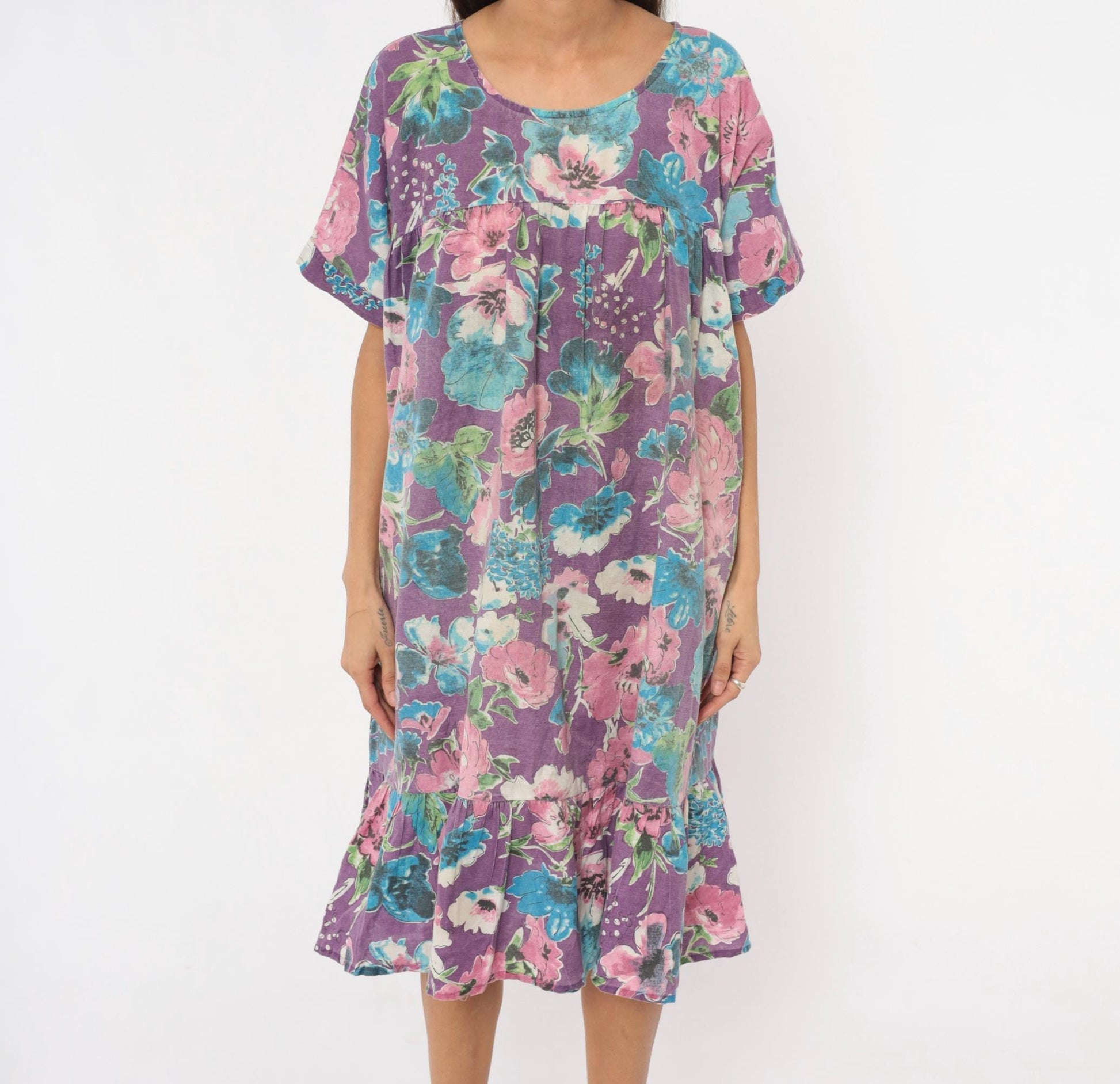 80s CW Classics Floral Watercolor Cotton Dress Purple Pink Blue Knee Length Small