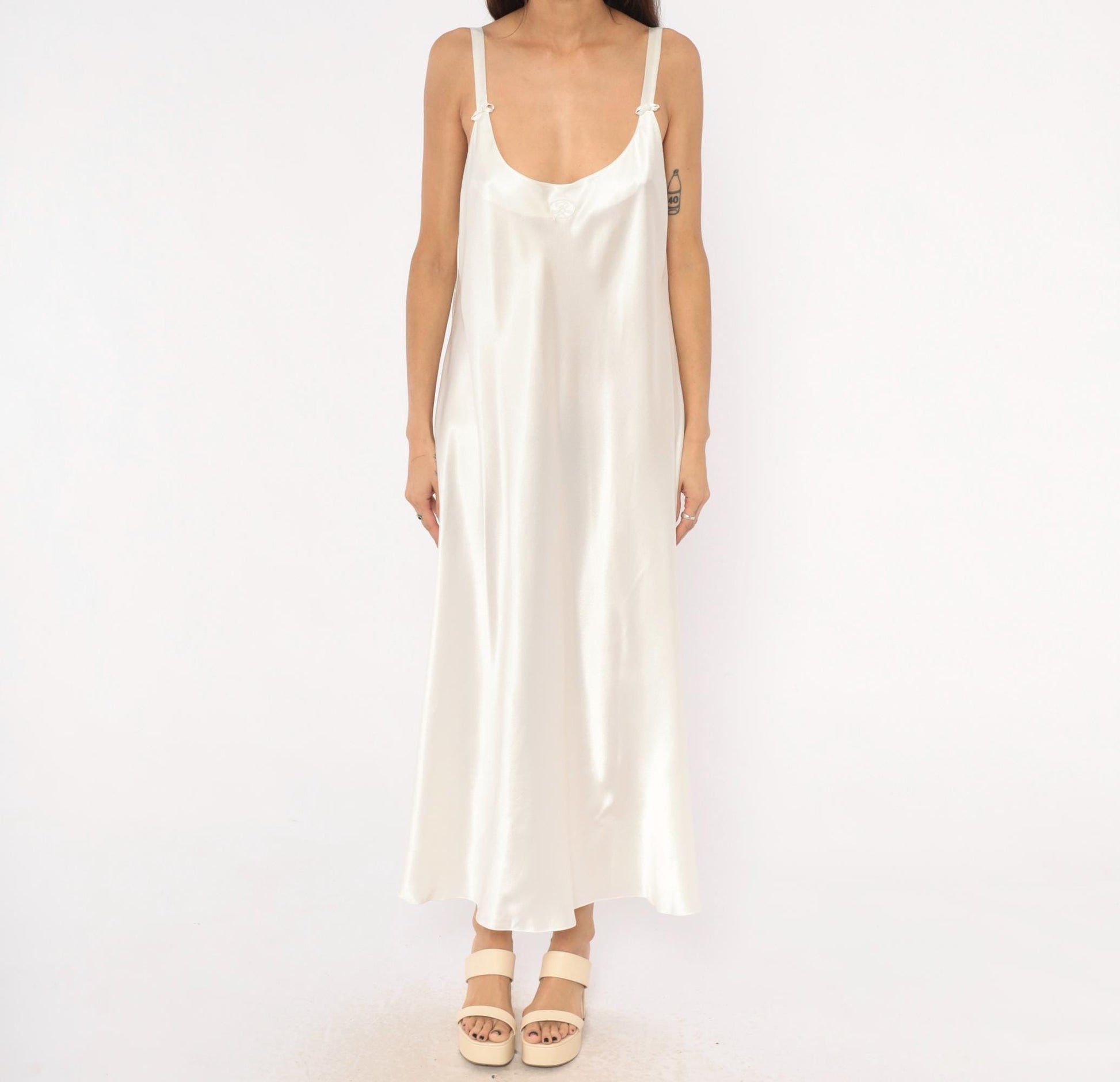 90s Oscar De La Renta Cream Satin Slip Dress Bow Detail Ankle Length Plus Size 1X