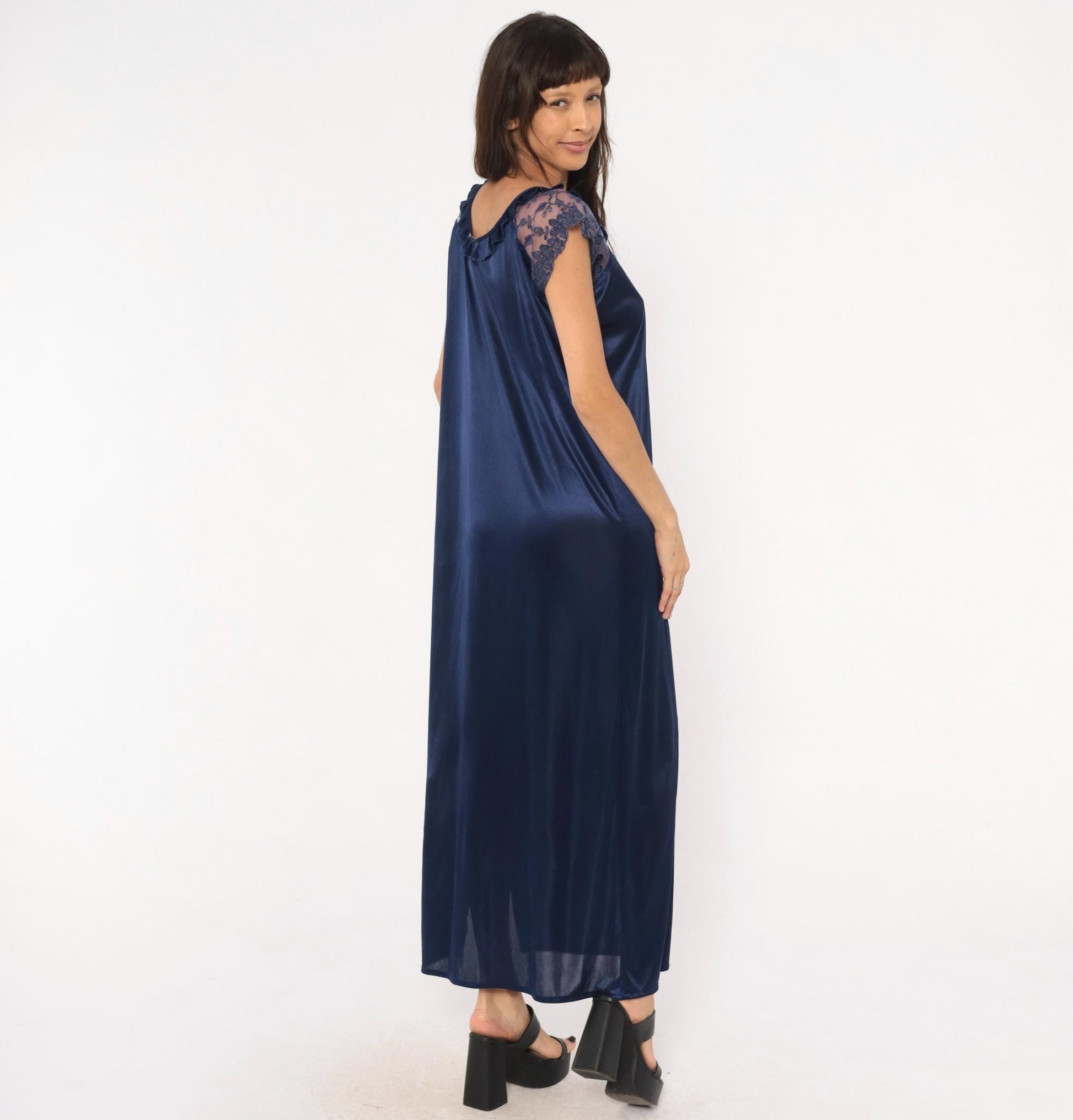 80s Navy Satin Nightgown Lace Cap Sleeve V-Neck Maxi Slip Dress Large